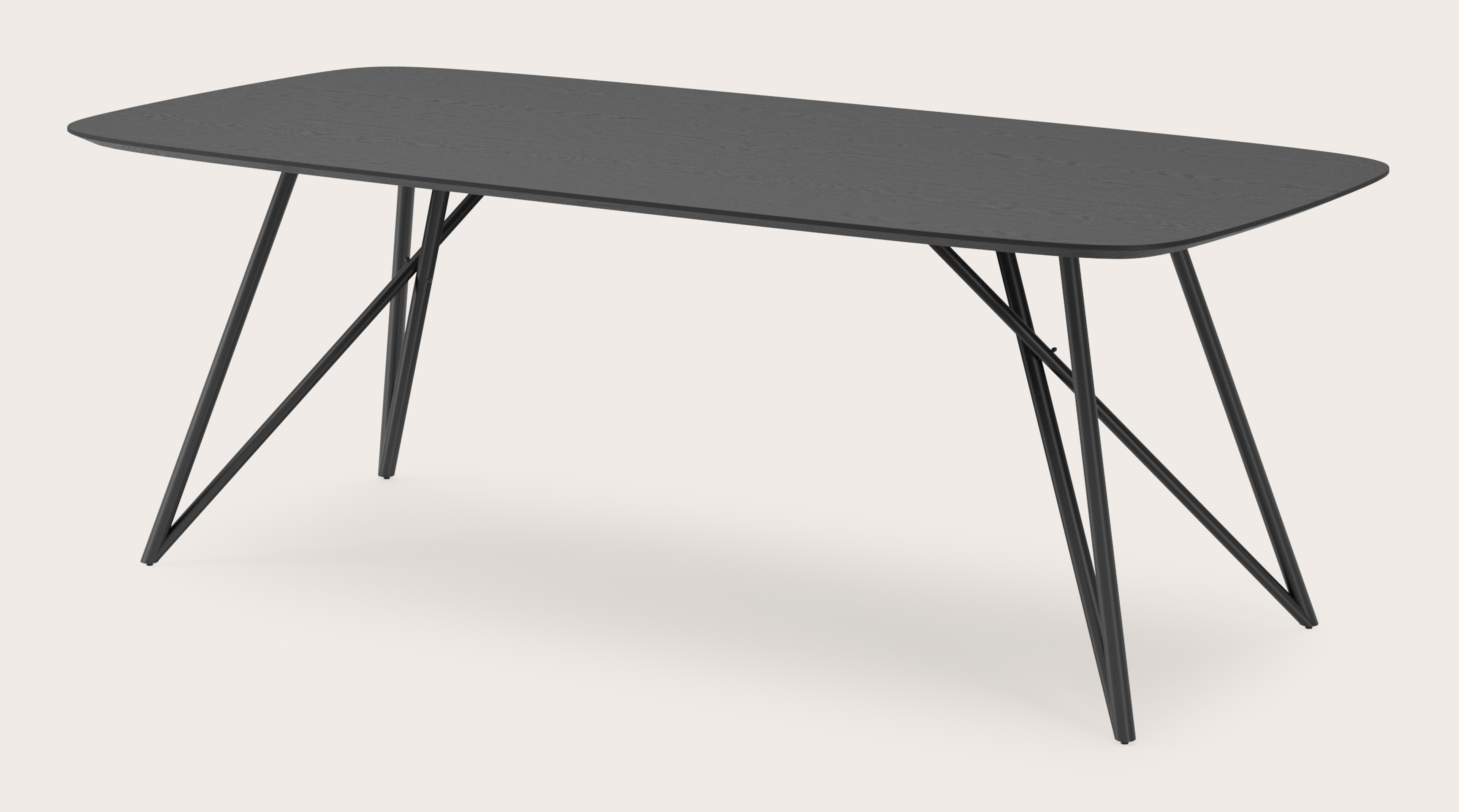 Table de salle à manger Ragno armature en métal noir avec plateau Finesso en forme arrondi en chêne noir 220 x 105 x 77 cm
