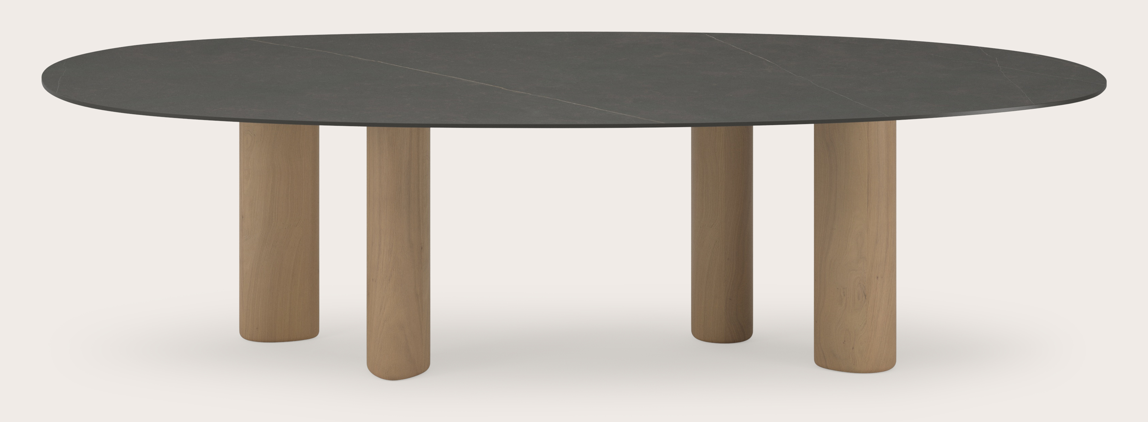 Table à manger Volanto armature en chêne naturel avec plateau ovale organique céramique Ceramo Lux en couleur Calatorao 300x135 cm