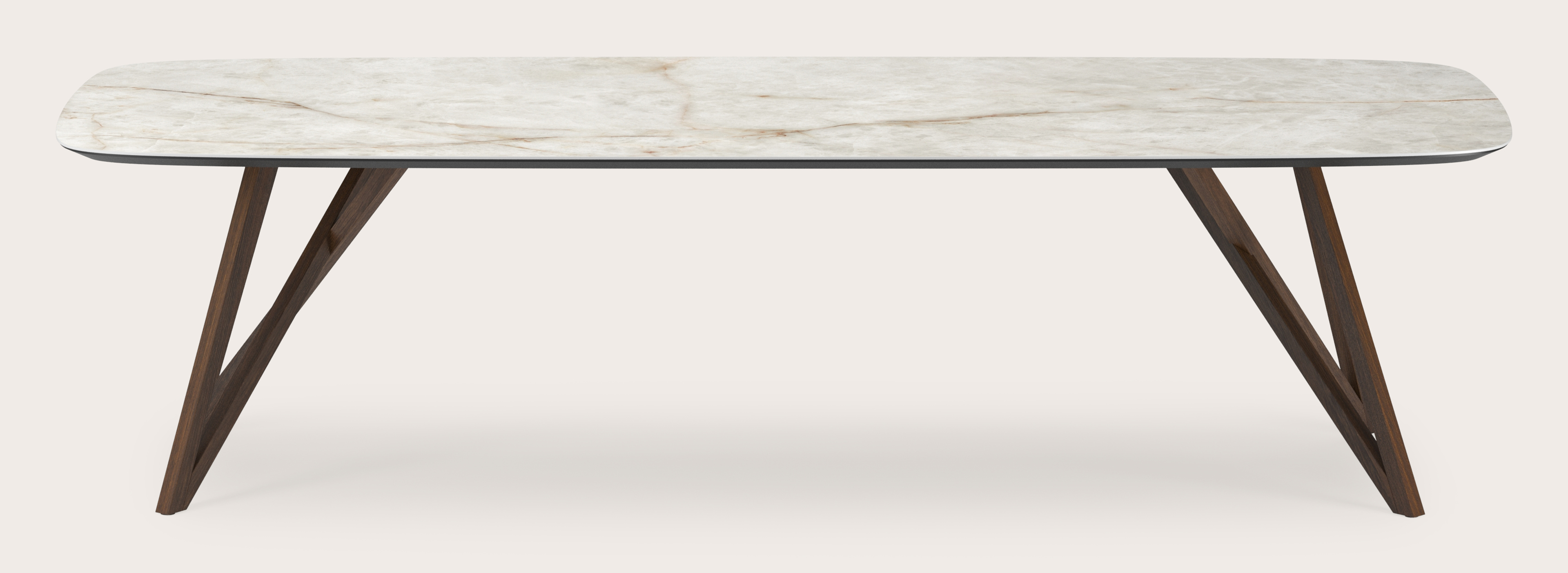 Table de salle à manger Ragno armature en chêne fumé avec plateau Ceramo forme arrondie en céramique en couleur Himalaya 300 x 115 x 77 cm