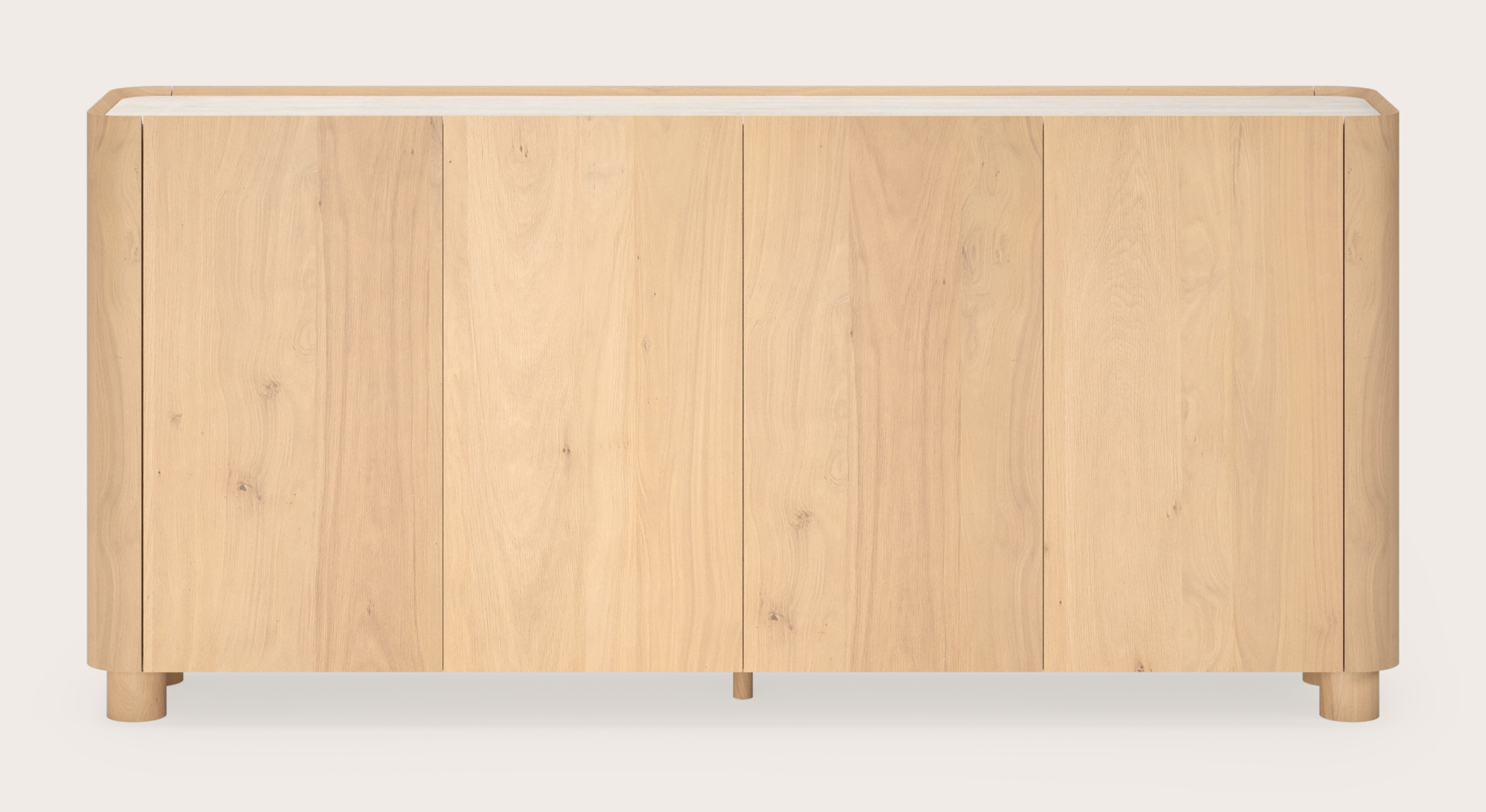 Buffet haut Curvato en chêne couleur naturelle avec pieds ronds en bois avec plateau Ceramo en céramique en couleur Travertino Bianco 219 x 45 x 102 cm