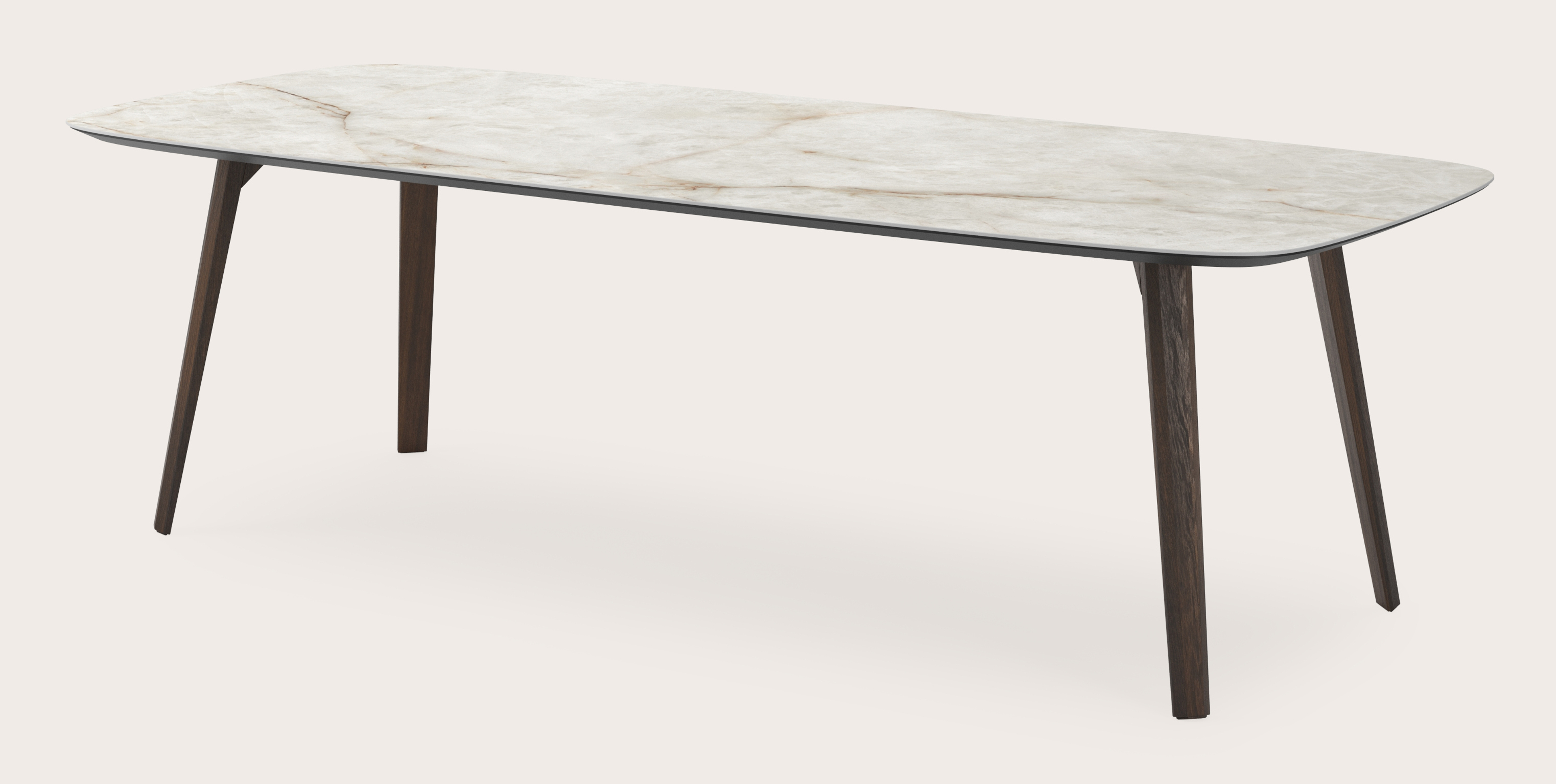Eettafel Clino onderstel in gerookte eik met bootvormig volkeramisch Ceramo blad in kleur Himalaya 260 x 110 x 77 cm