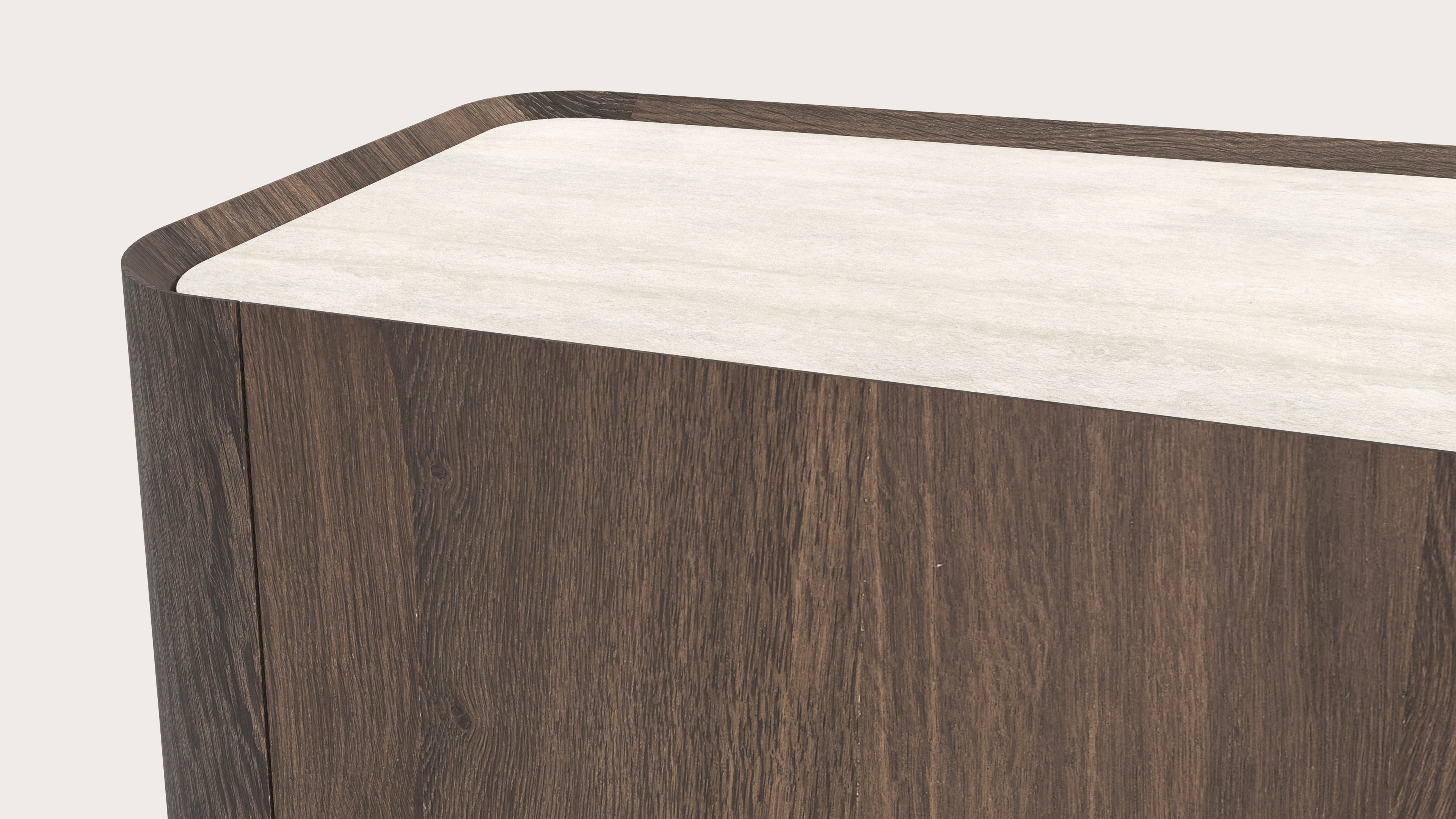 Curvato tv-meubel in gerookte eik met ronde houten poten met volkeramisch Ceramo blad in kleur Travertino Bianco 269 x 45 x 44 cm