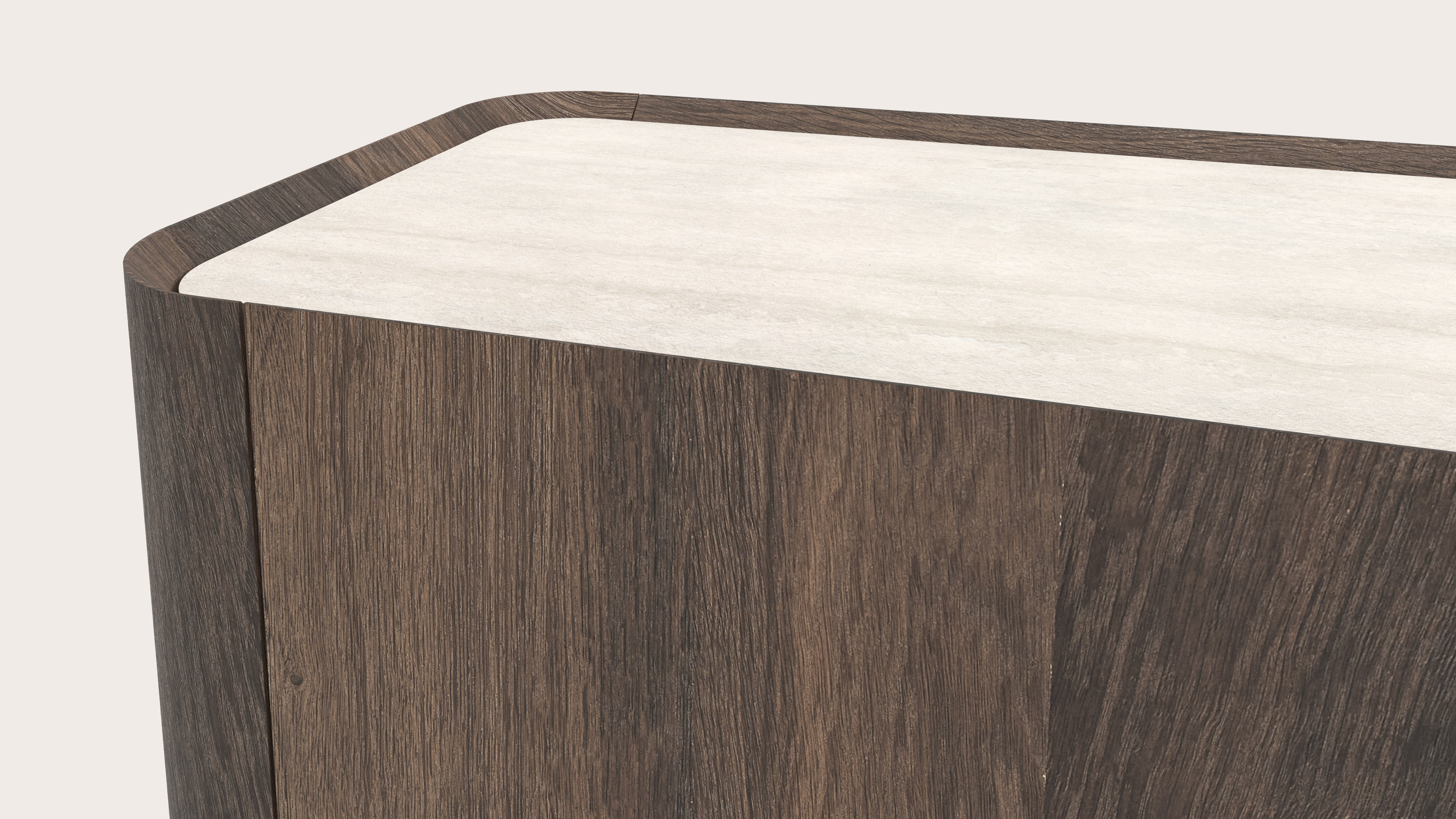 Meuble tv Curvato en chêne fumé avec pieds ronds en bois avec plateau Ceramo en céramique en couleur Travertino Bianco 249 x 45 x 44 cm