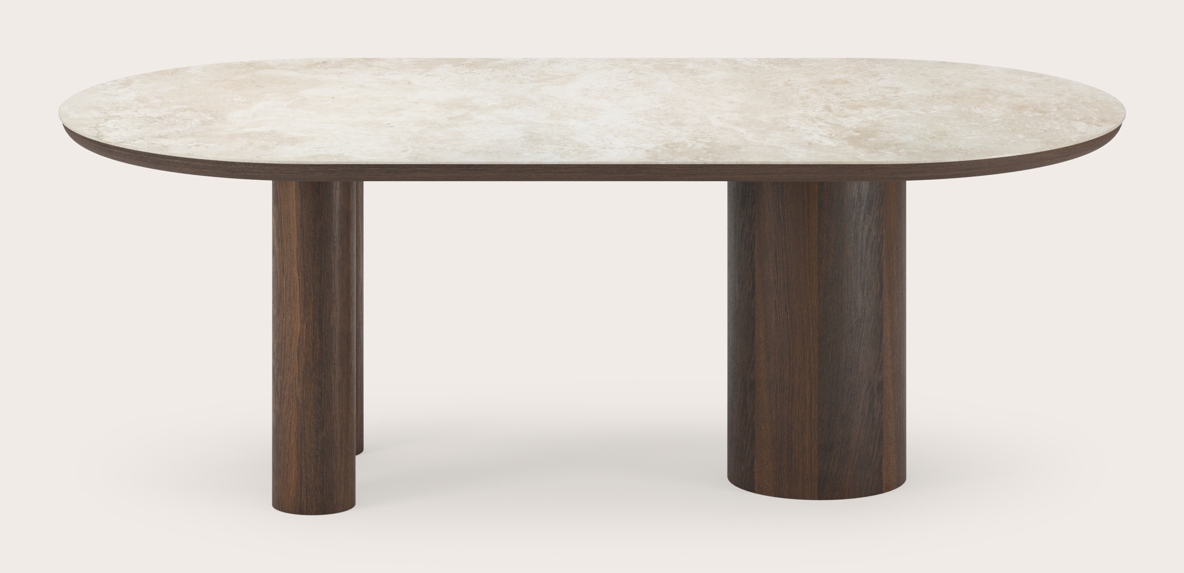 Eettafel Amato Rondo onderstel in gerookte eik met plat ovaal volkeramisch Ceramo blad in kleur Rapolano 220 x 110 x 76 cm