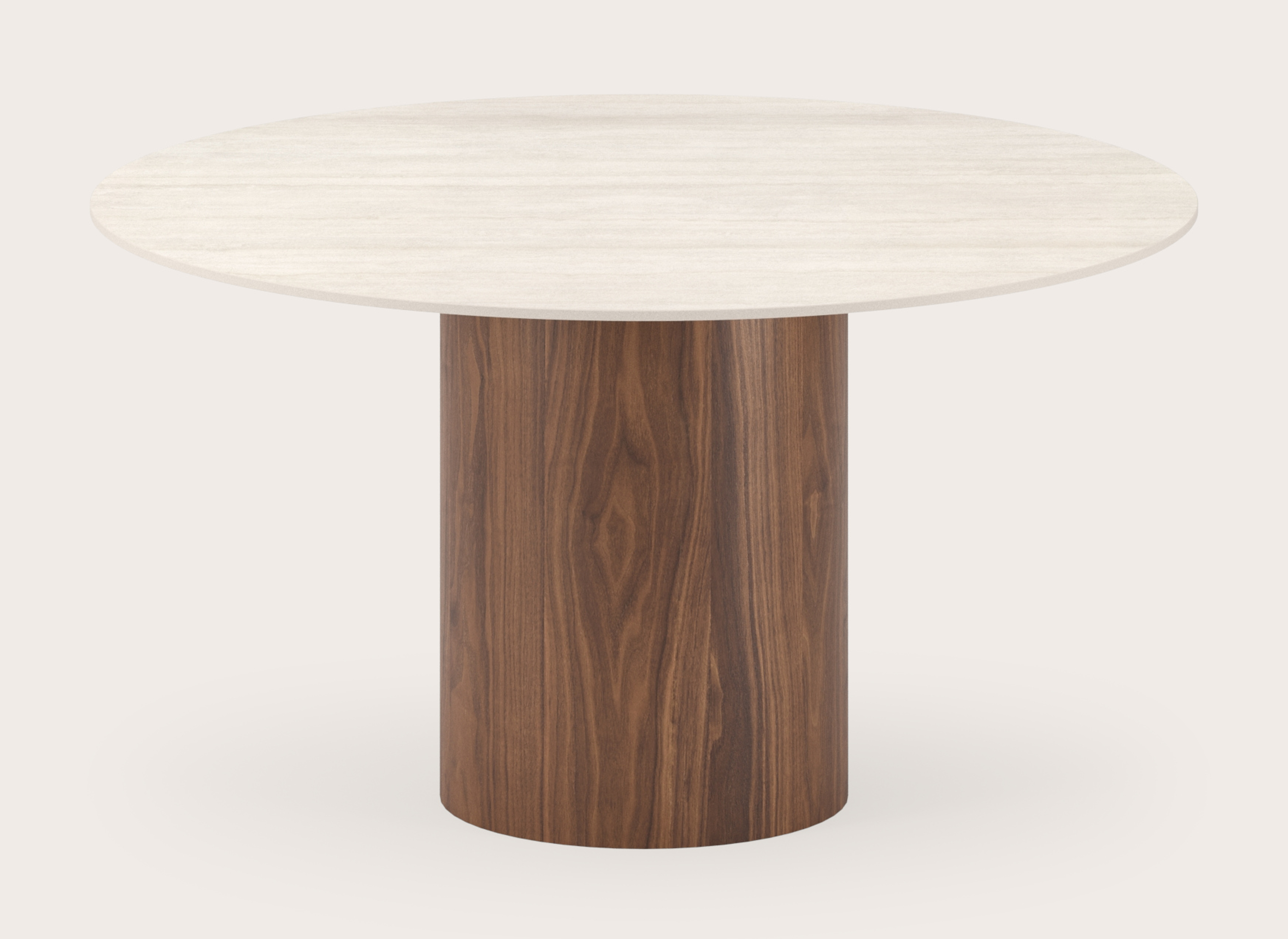 Table à manger Amato Rondo armature en noyer avec plateau ronde céramique Ceramo Lux en couleur Travertino Bianco Ø130 cm