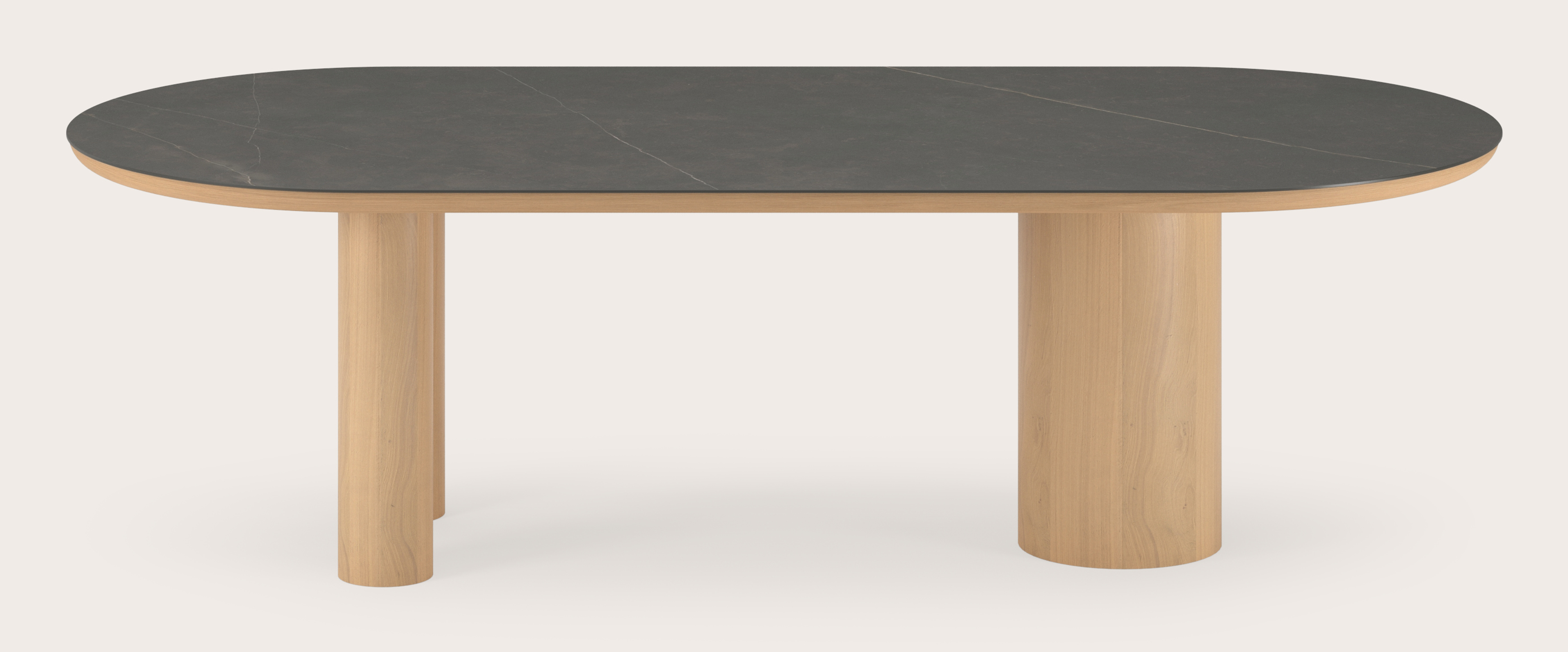 Eettafel Amato Rondo onderstel in natuurkleurige eik met plat ovaal volkeramisch Ceramo blad in kleur Calatorao 260 x 115 x 76 cm