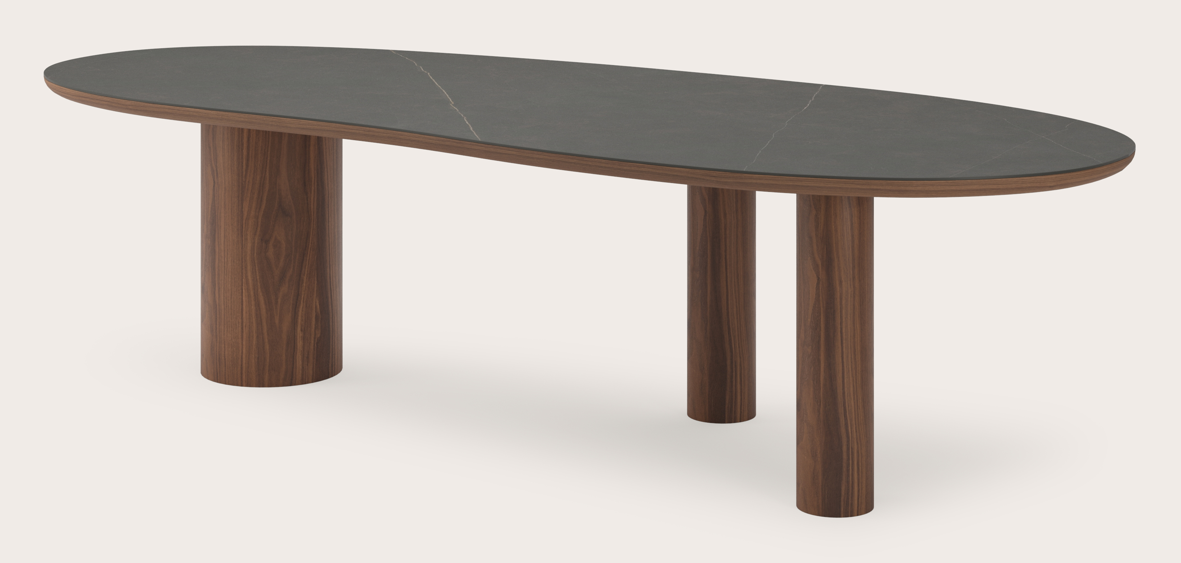 Eettafel Amato Rondo onderstel in walnoot met Blobvormig volkeramisch Ceramo blad in kleur Calatorao 300 x 122 x 77 cm