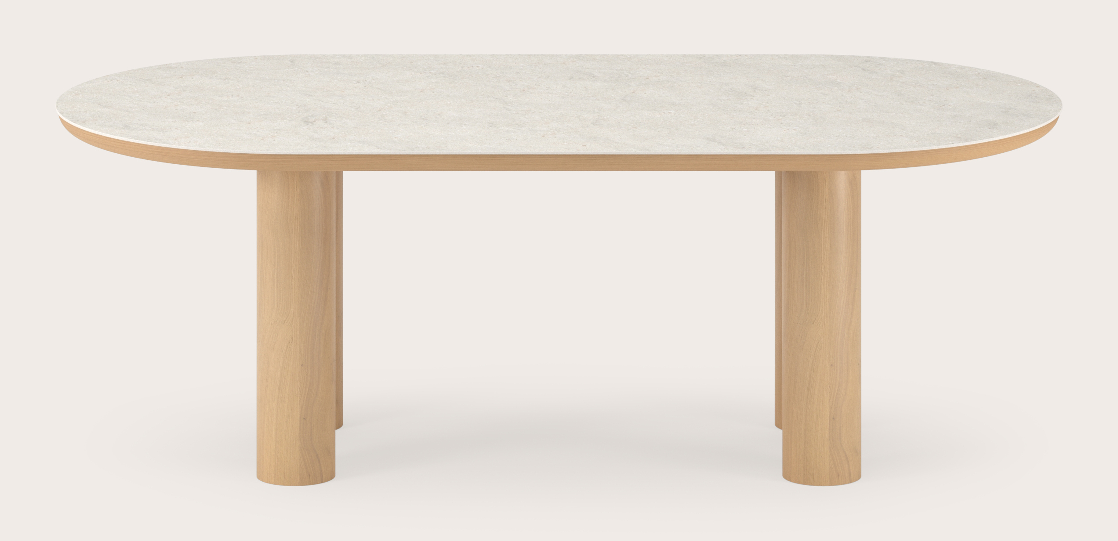 Eettafel Amato Rondo onderstel in natuurkleurige eik met plat ovaal volkeramisch Ceramo blad in kleur Shilin 220 x 110 x 76 cm
