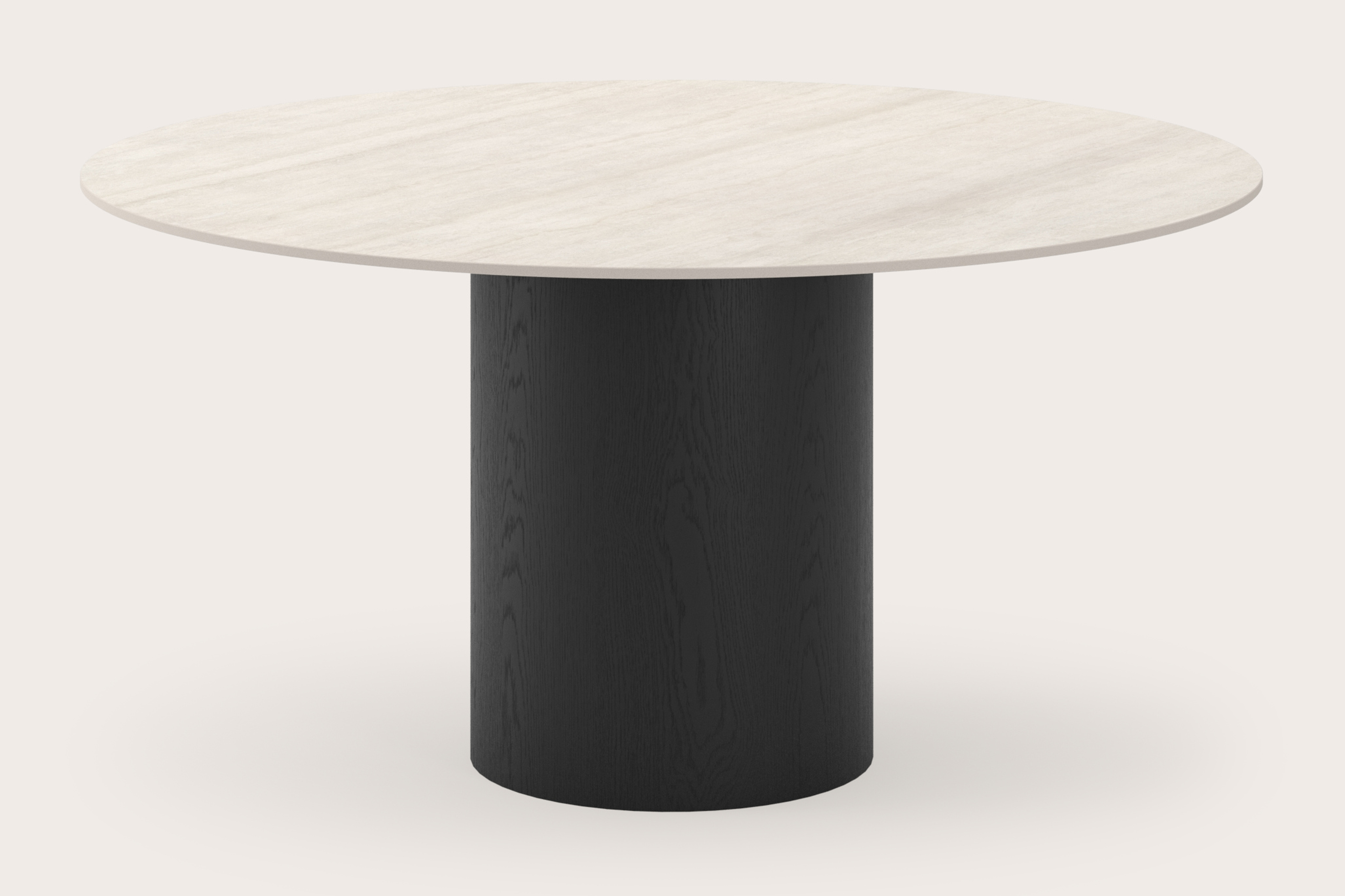 Table à manger Amato Rondo armature en chêne noir avec plateau ronde céramique Ceramo Lux en couleur Travertino Bianco Ø140 cm