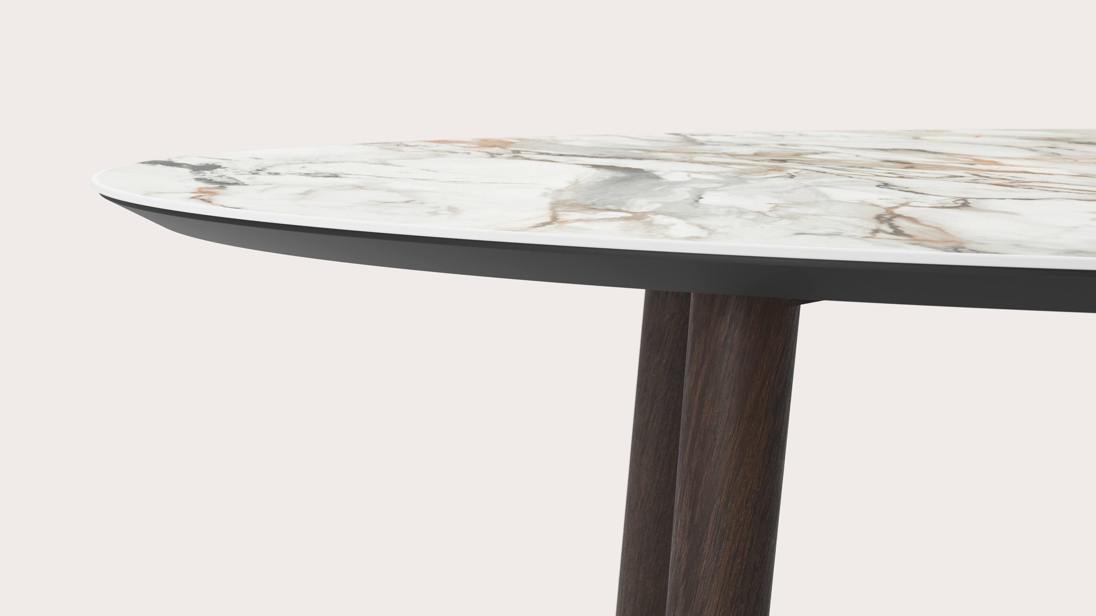 Eettafel Conico onderstel in gerookte eik met ovaal volkeramisch Ceramo blad in kleur Calacatta Luxe 220 x 120 x 77 cm