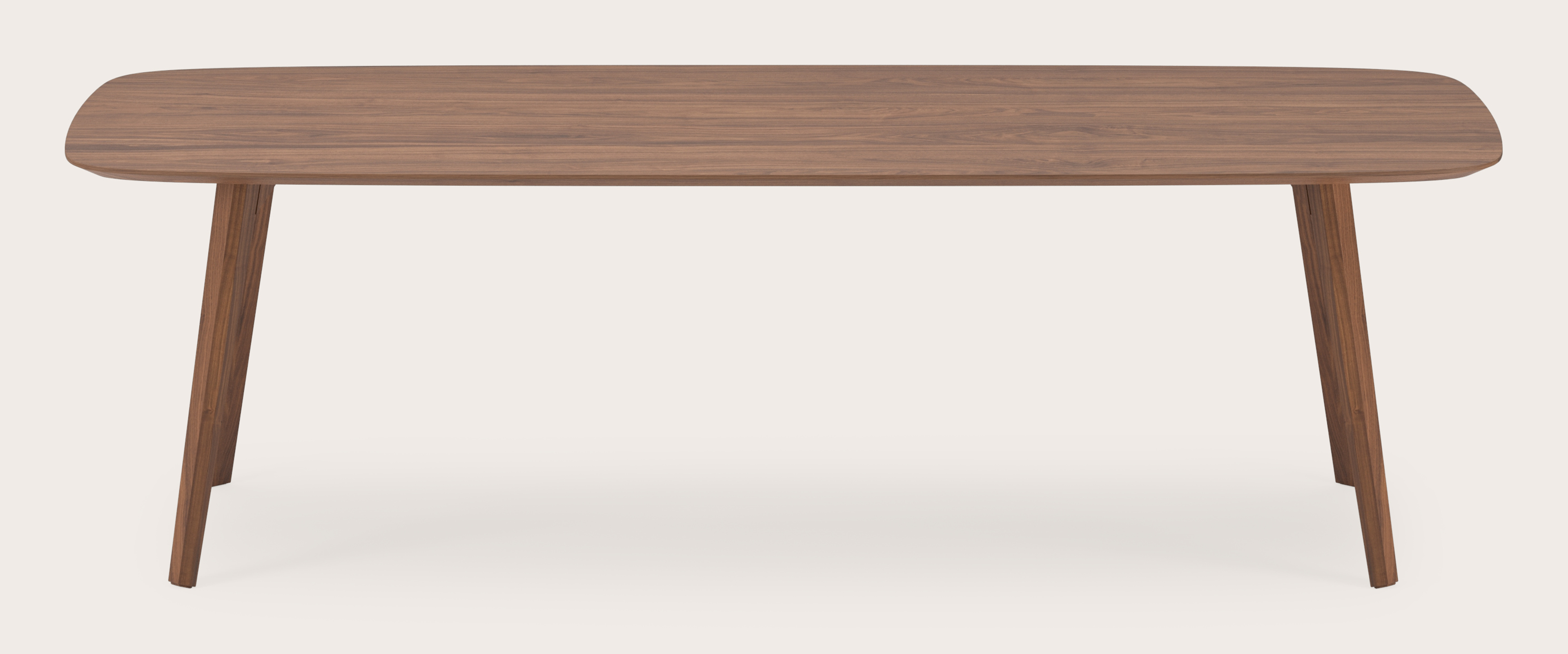 Eettafel Clino onderstel in walnoot met bootvormig Finesso blad in walnoot 260 x 110 x 76 cm