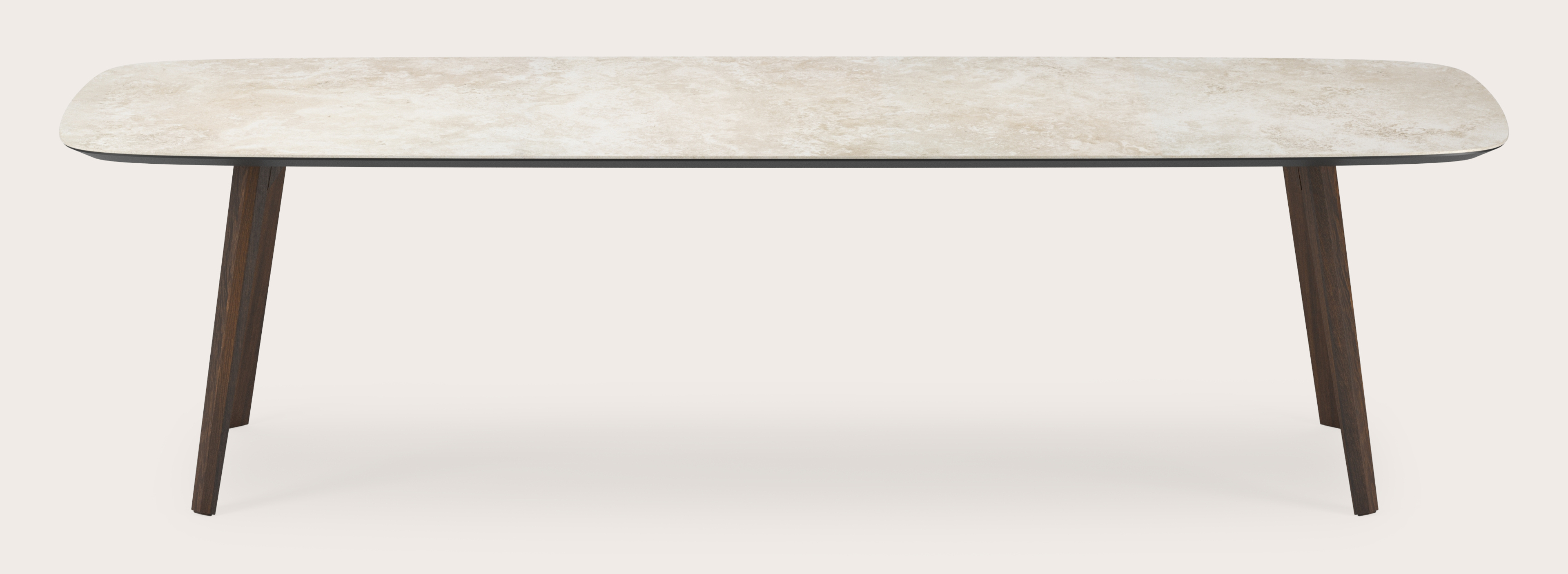 Eettafel Clino onderstel in gerookte eik met bootvormig volkeramisch Ceramo blad in kleur Rapolano 300 x 115 x 77 cm
