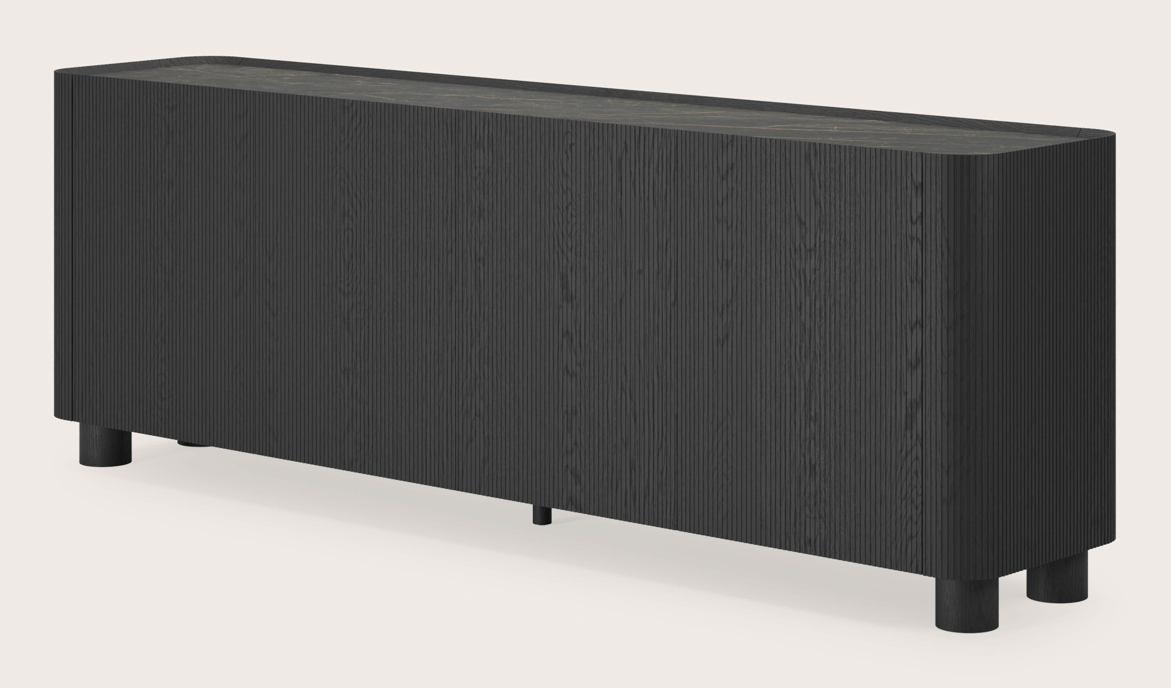 Grivato dressoir in zwarte eik met ronde poten met volkeramisch Ceramo blad in kleur Black Obsession 219 x 45 cm