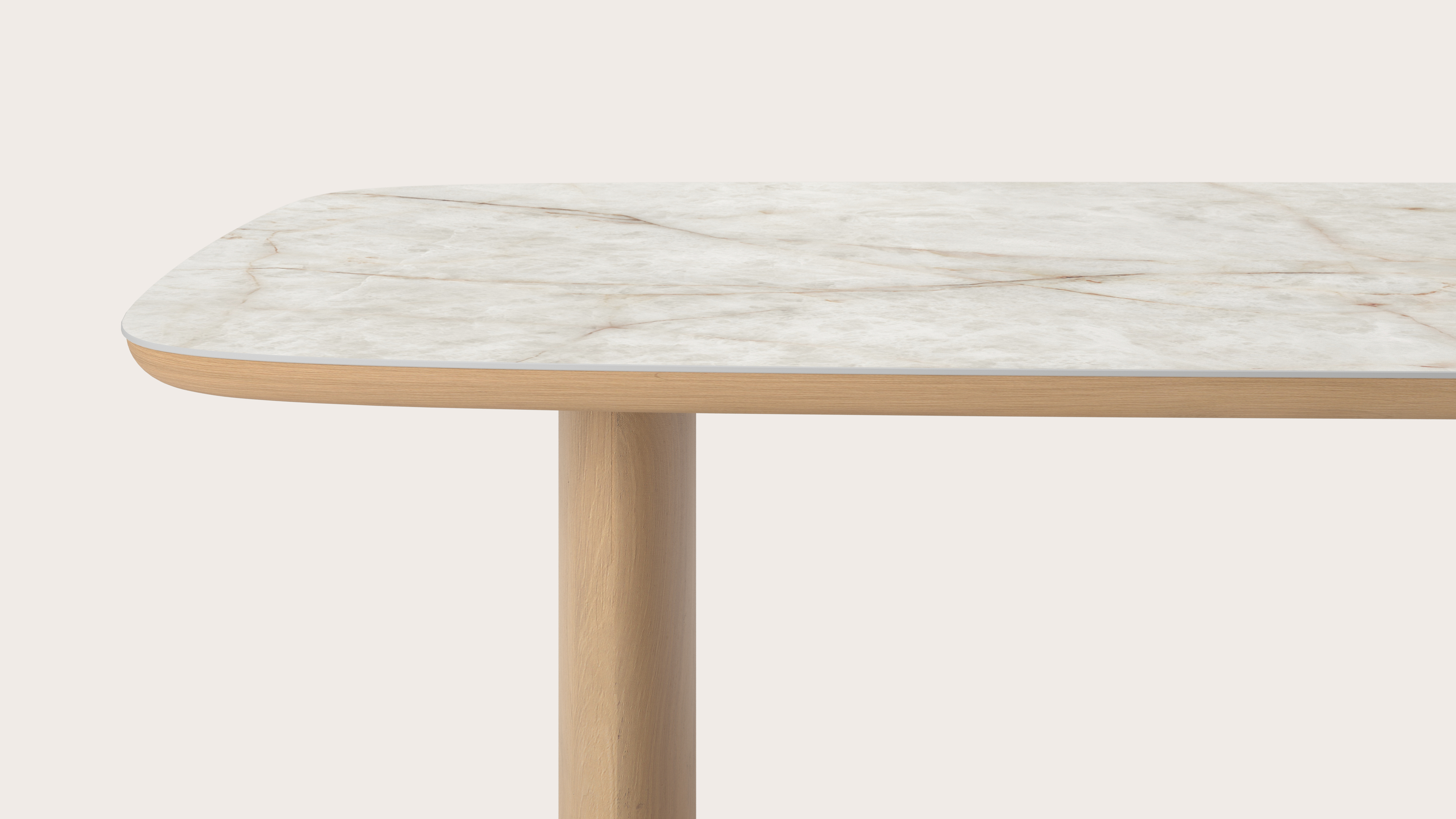 Eettafel Amato Ellipso onderstel in natuurkleurige eik met bootvormig volkeramisch Ceramo blad in kleur Himalaya 300 x 115 x 76 cm