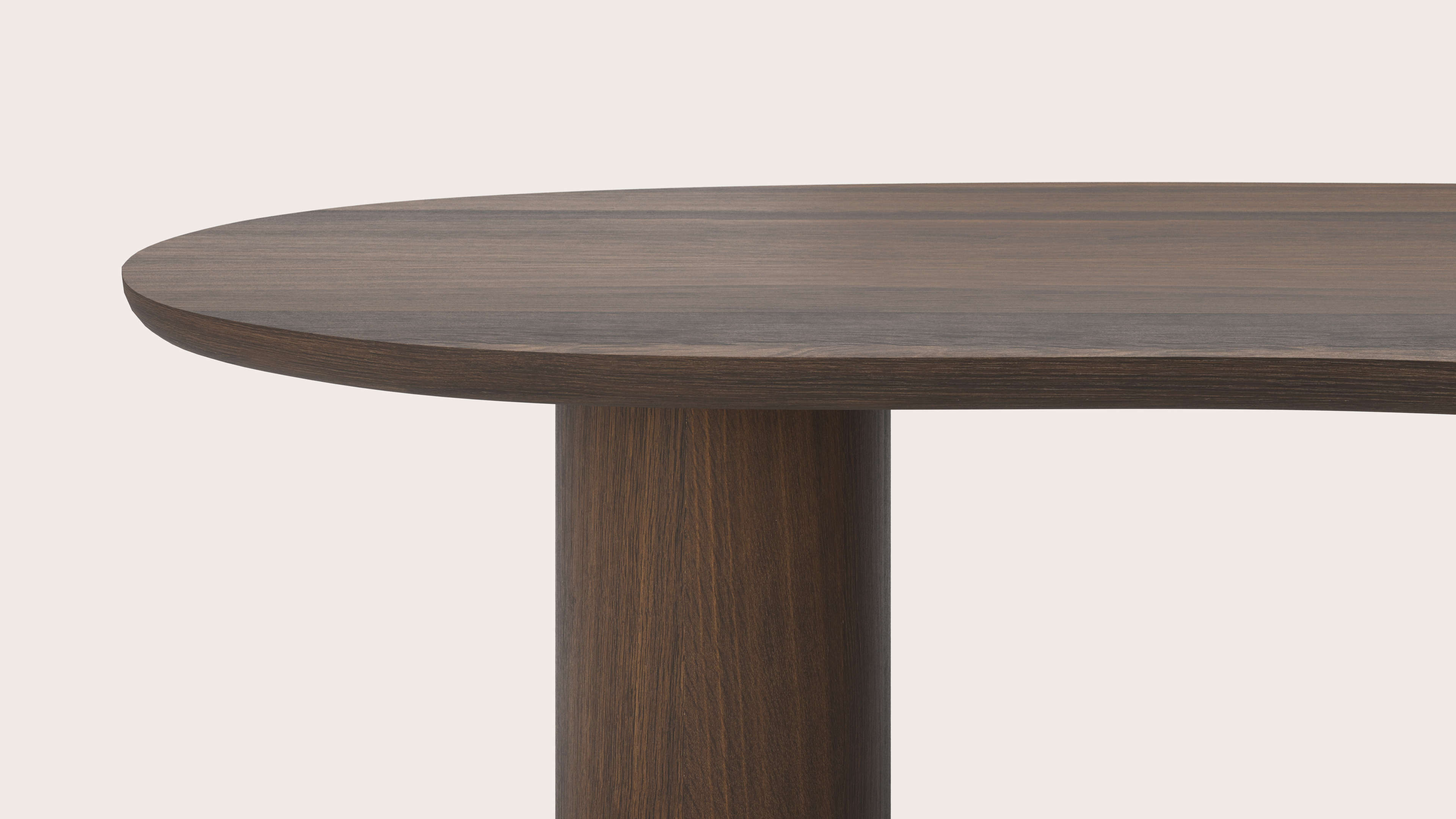 Eettafel Amato Rondo onderstel met blobvormig Amato blad in gerookte eik  260 x 117 x 76 cm