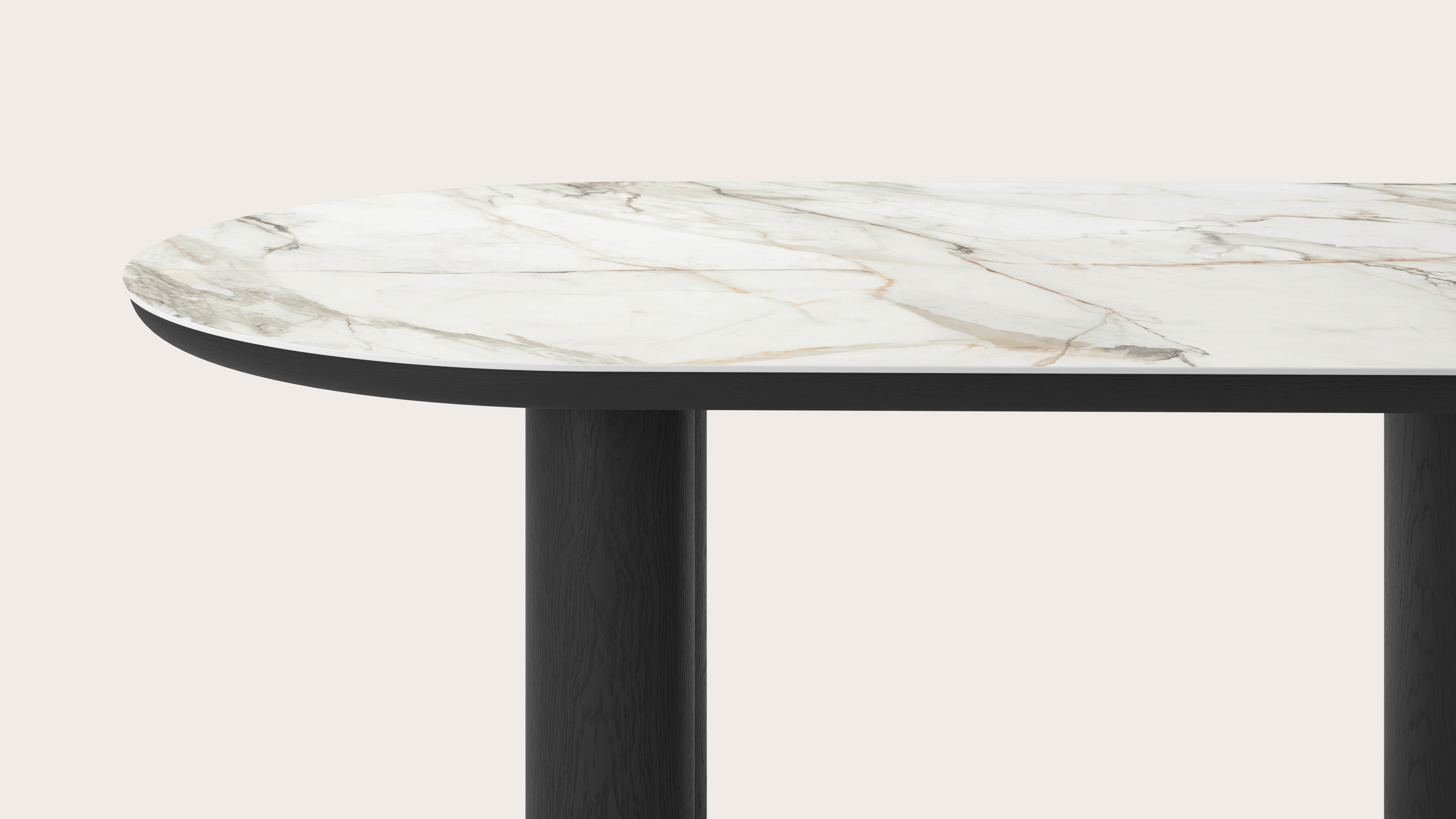 Eettafel Amato Rondo onderstel in zwarte eik met plat ovaal volkeramisch Ceramo blad in kleur Calacatta Luxe 220 x 110 x 76 cm