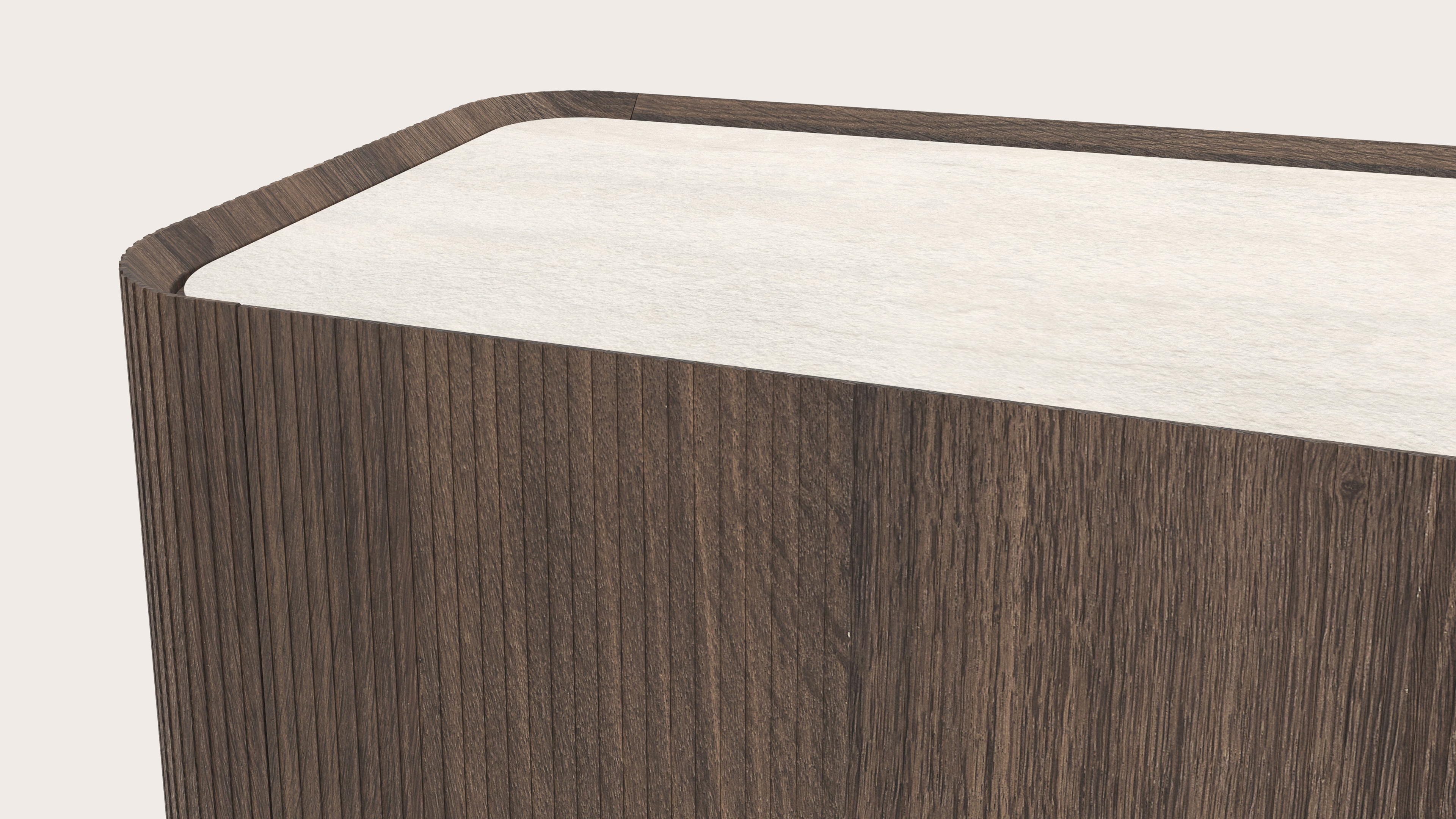 Buffet Grivato en chêne fumé avec pieds ronds avec plateau Ceramo rond en céramique en couleur Travertino Bianco 294 x 45 cm