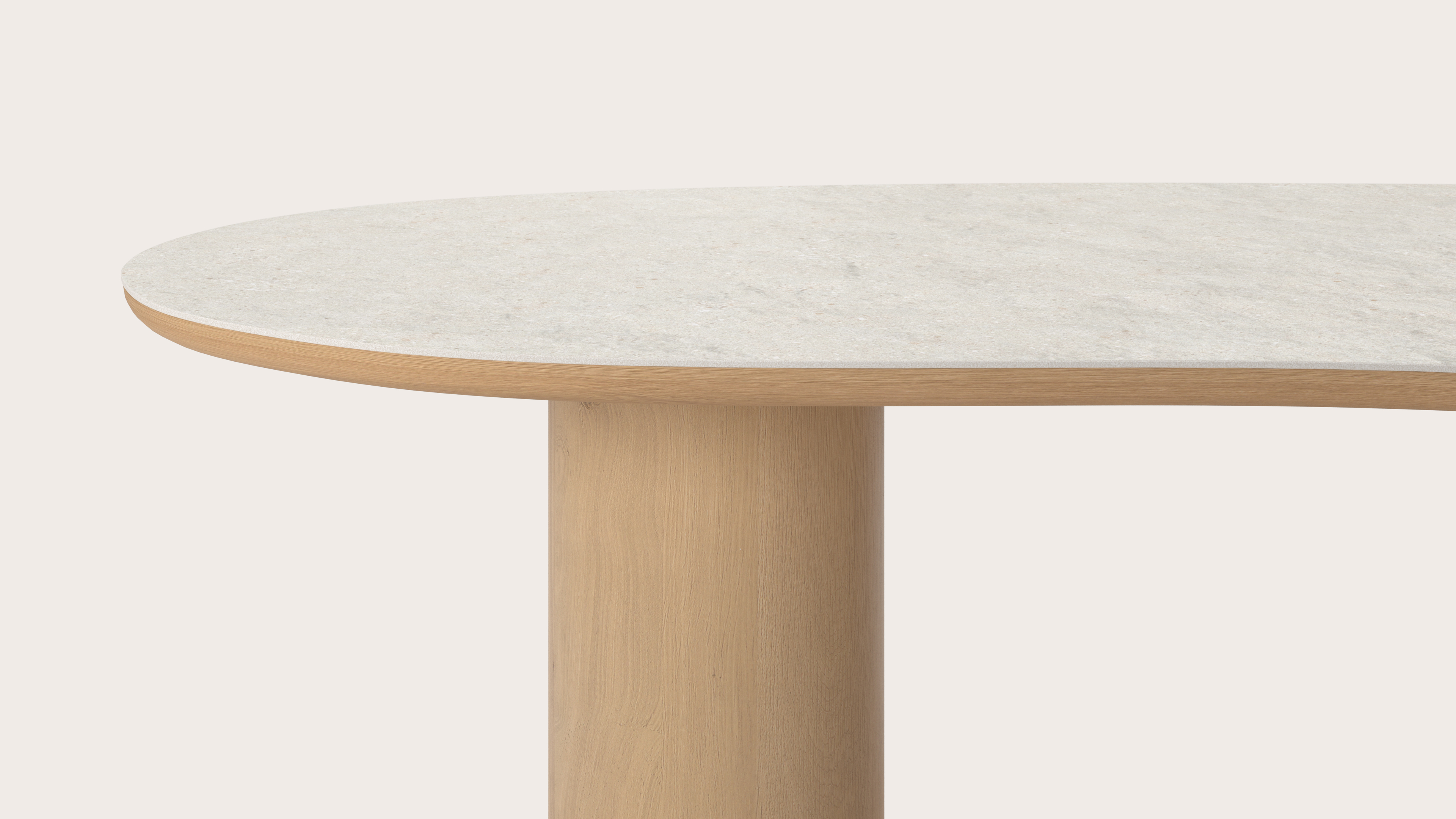 Eettafel Amato Rondo onderstel in natuurkleurige eik met Blobvormig volkeramisch Ceramo blad in kleur Shilin 260 x 117 x 77 cm