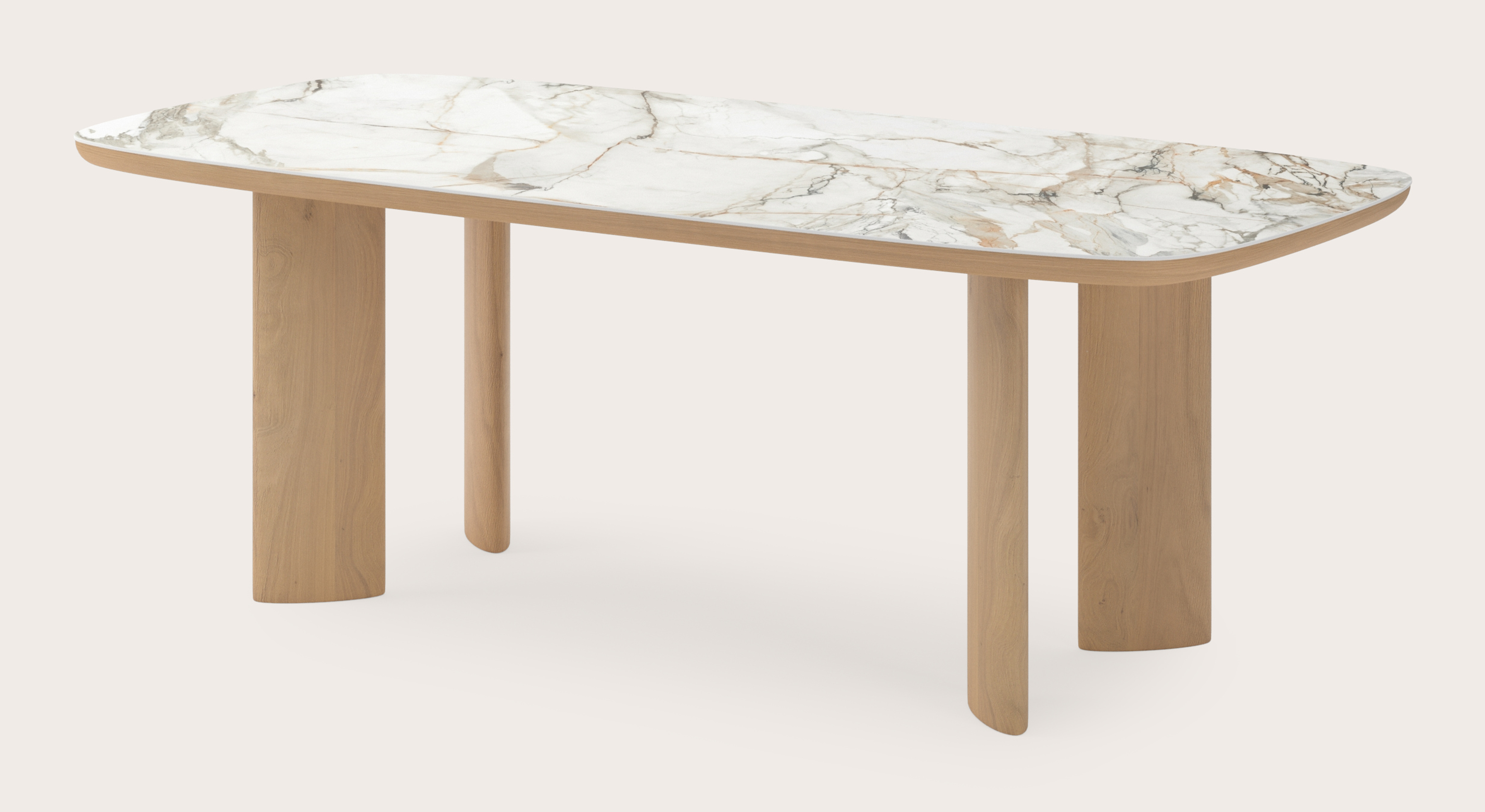 Table de salle à manger Amato Ellipso armature en chêne couleur naturelleavec plateau Ceramo forme arrondie en céramique en couleur Calacatta Luxe 220 x 105 x 76 cm
