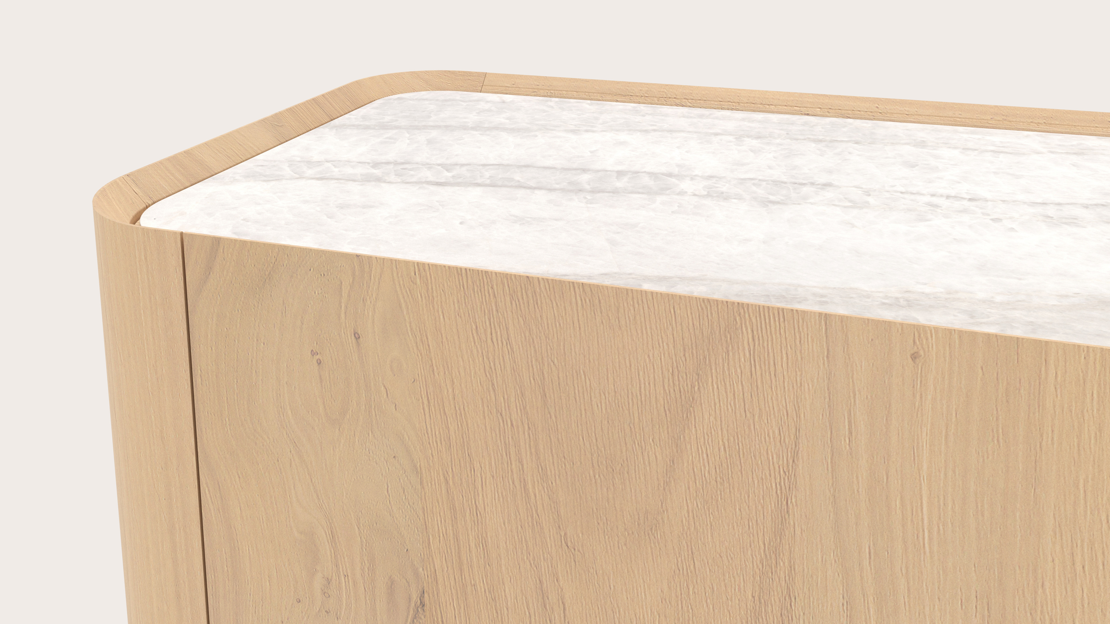 Meuble tv Curvato en chêne couleur naturelle avec pieds ronds en bois avec plateau Ceramo en céramique en couleur Taj Mahal 169 x 45 x 44 cm