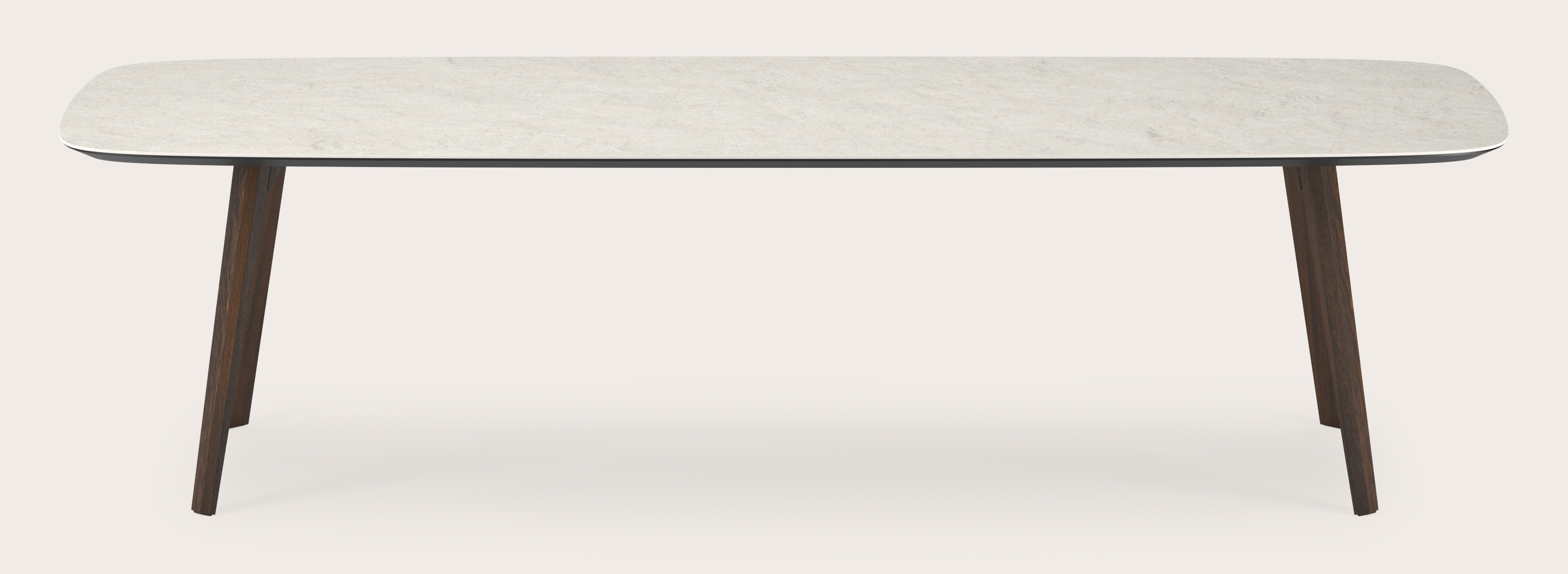 Eettafel Clino onderstel in gerookte eik met bootvormig volkeramisch Ceramo blad in kleur Shilin 300 x 115 x 77 cm