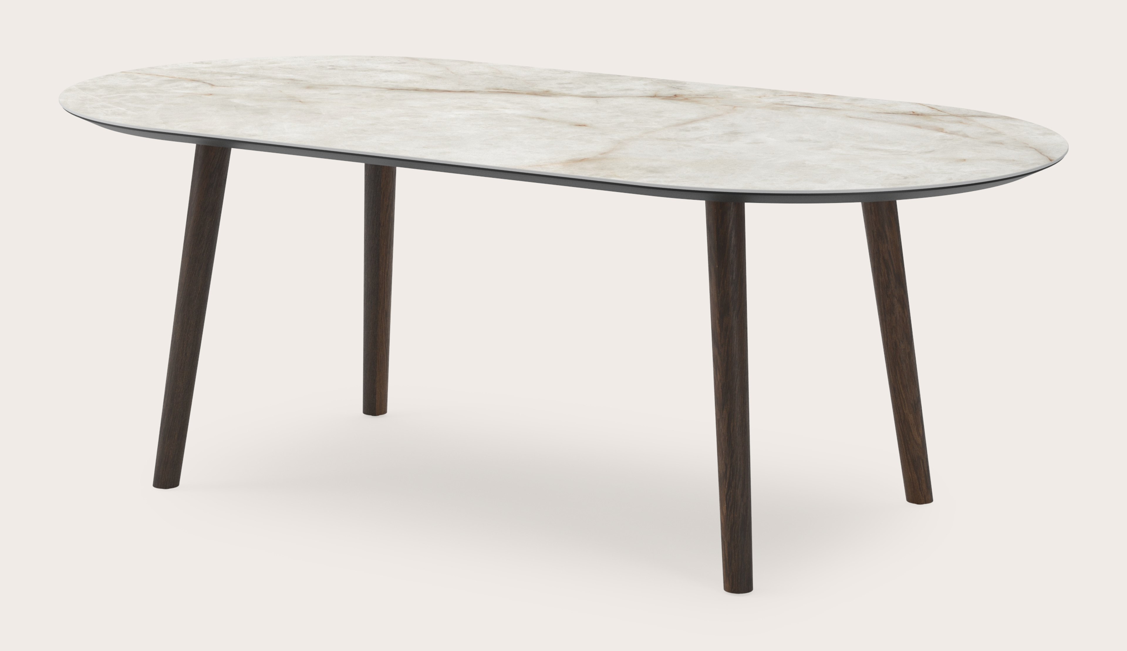 Eettafel Conico onderstel in gerookte eik met plat ovaal volkeramisch Ceramo blad in kleur Himalaya 220 x 110 x 77 cm