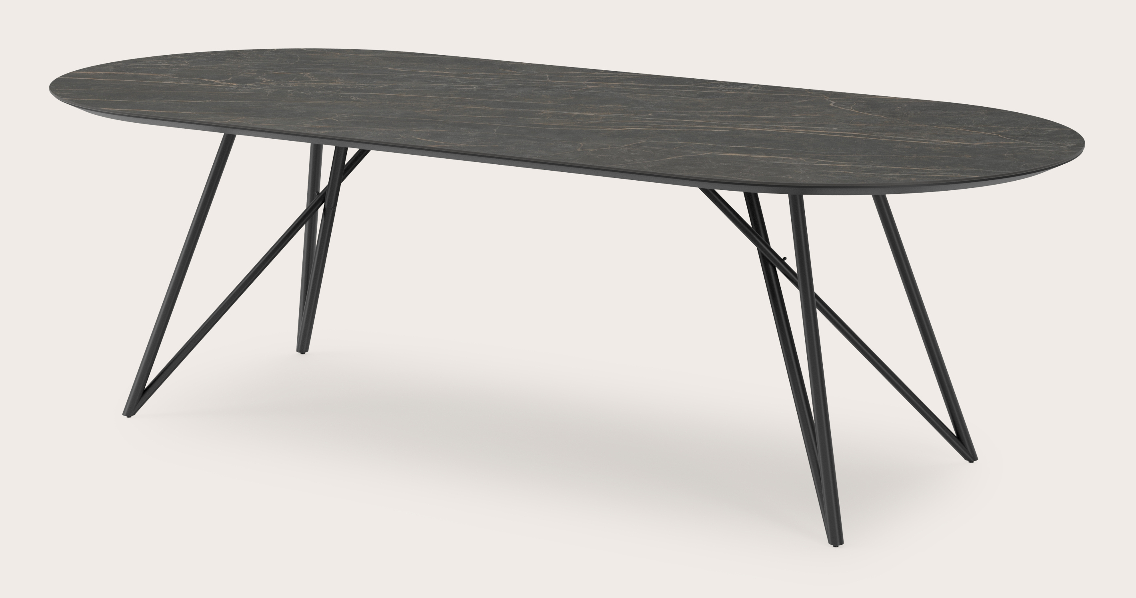 Table de salle à manger Ragno armature en métal noir avec plateau Ceramo ovale plat en céramique en couleur Black Obsession 260 x 115 x 77 cm 