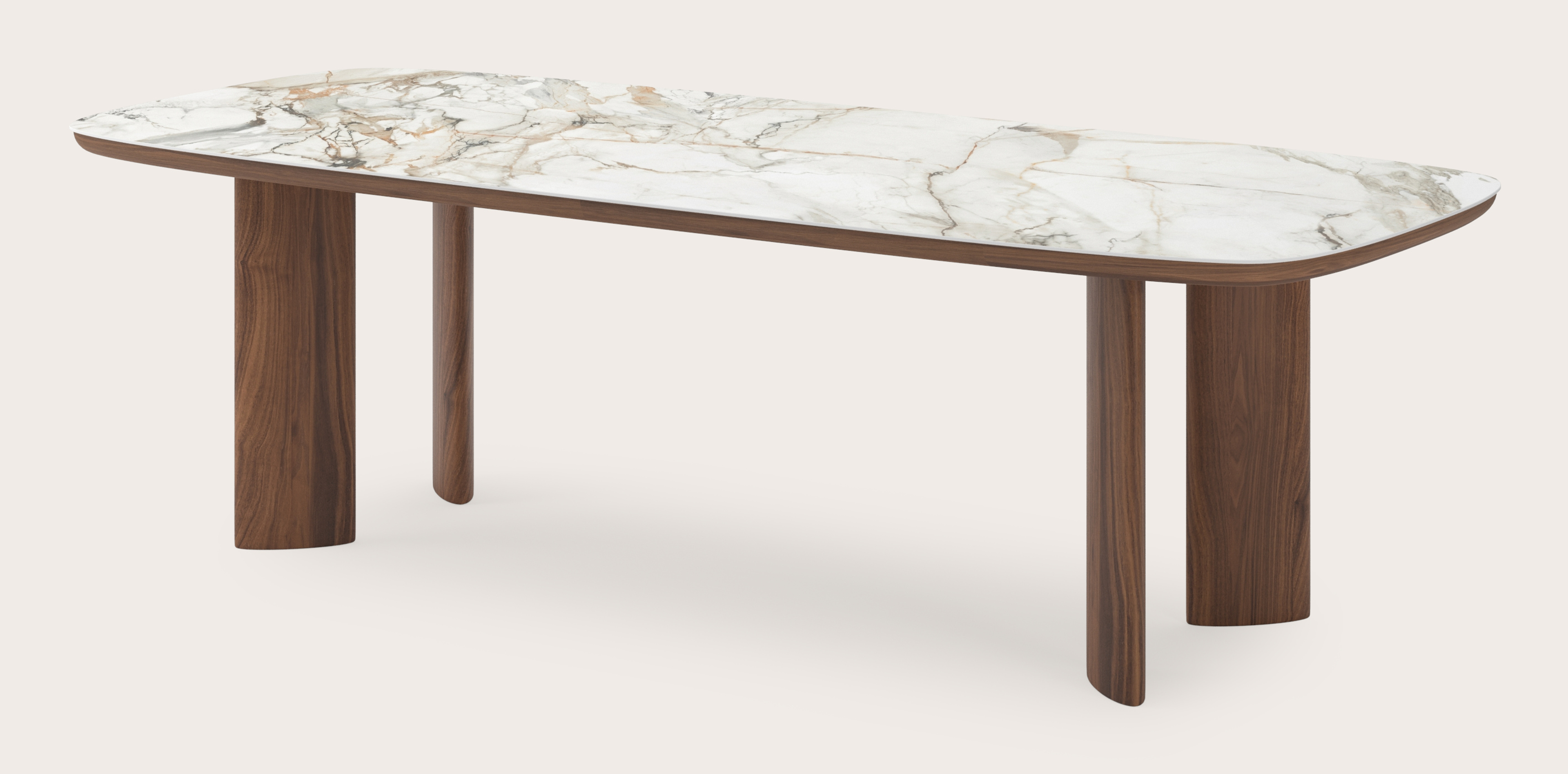 Table de salle à manger Amato Ellipso armature en noyer avec plateau Ceramo forme arrondie en céramique en couleur Calacatta Luxe 260 x 110 x 76 cm