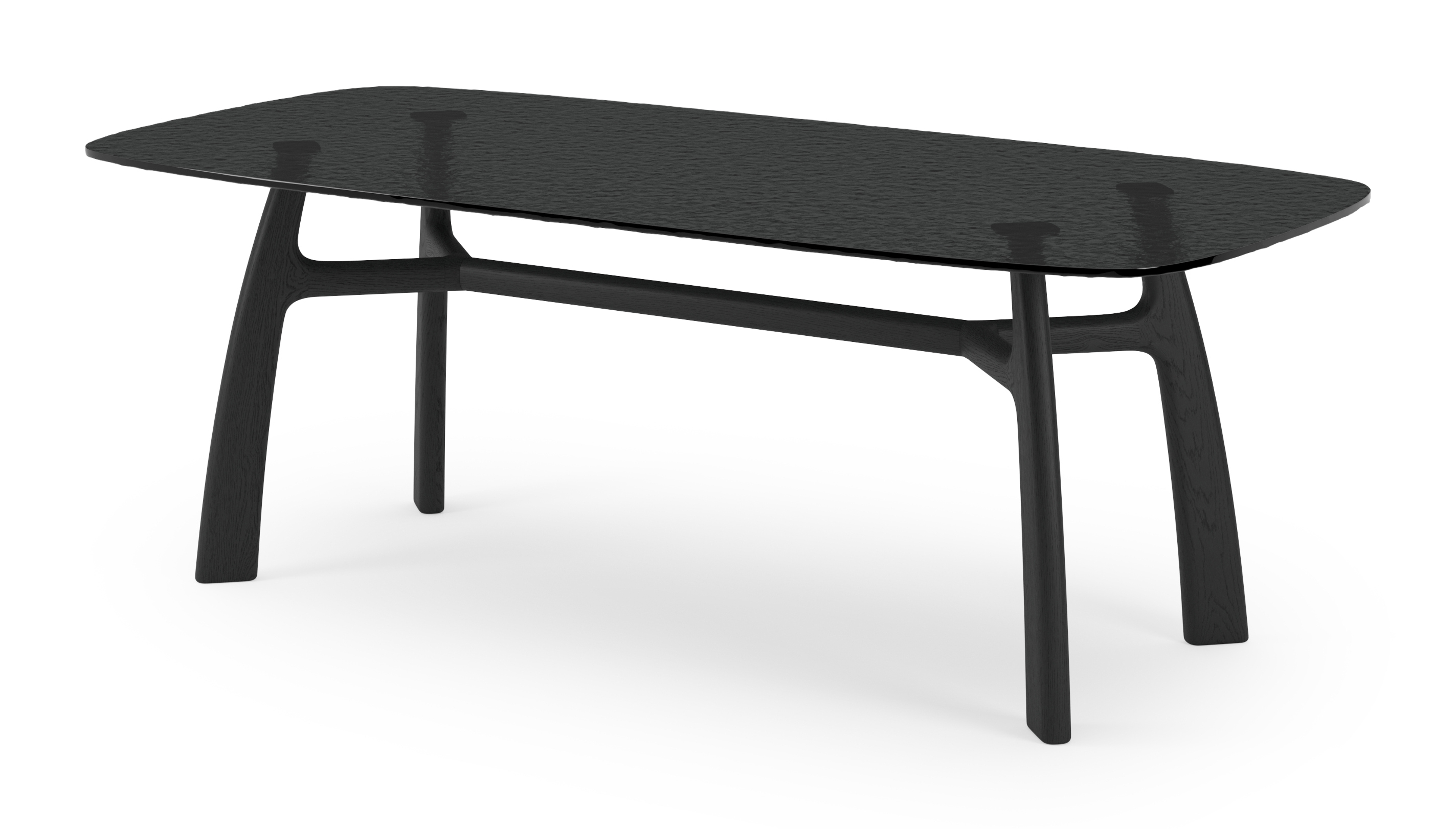 Eettafel Lucento onderstel in zwarte eik met bootvormig glazen blad in grijze kleur 220 x 105 x 76 cm