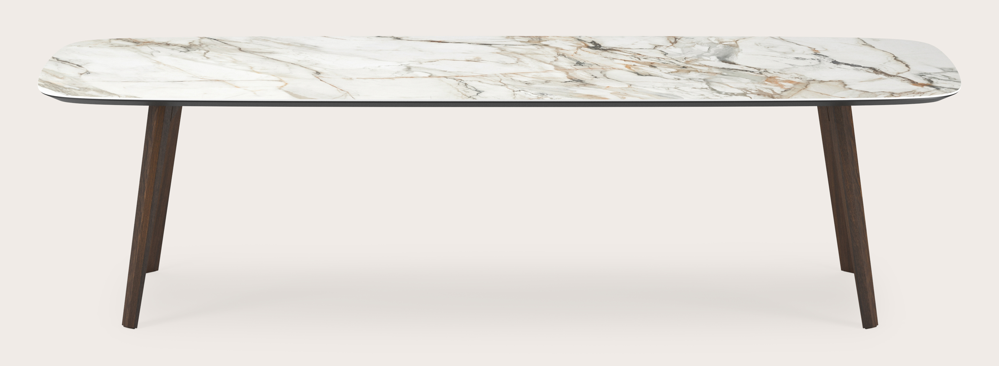 Table de salle à manger Clino armature en chêne fumé avec plateau Ceramo forme arrondie en céramique en couleur Calacatta Luxe 300 x 115 x 77 cm