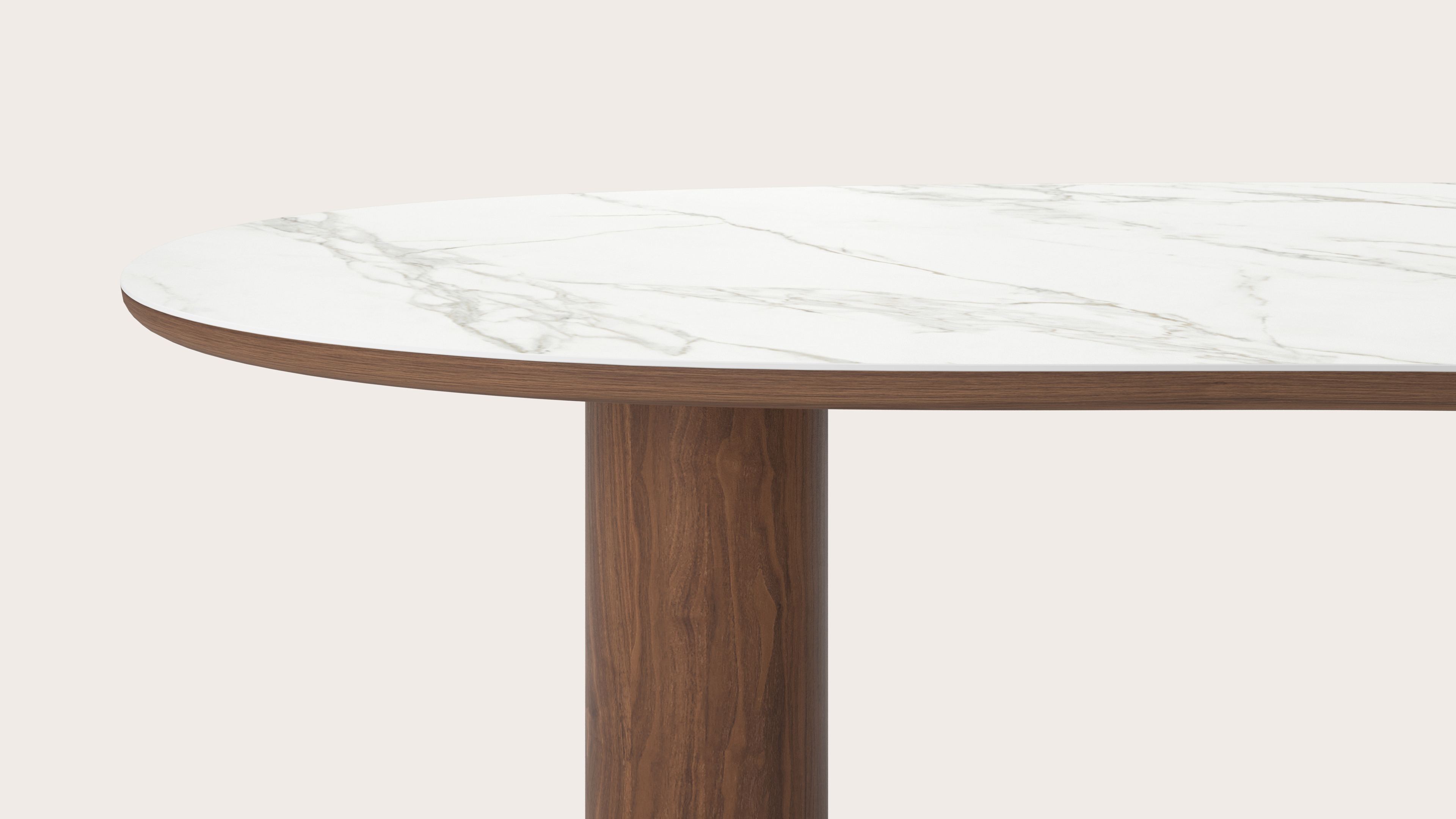 Eettafel Amato Rondo onderstel in walnoot met Blobvormig volkeramisch Ceramo blad in kleur Calacatta 300 x 122 x 77 cm