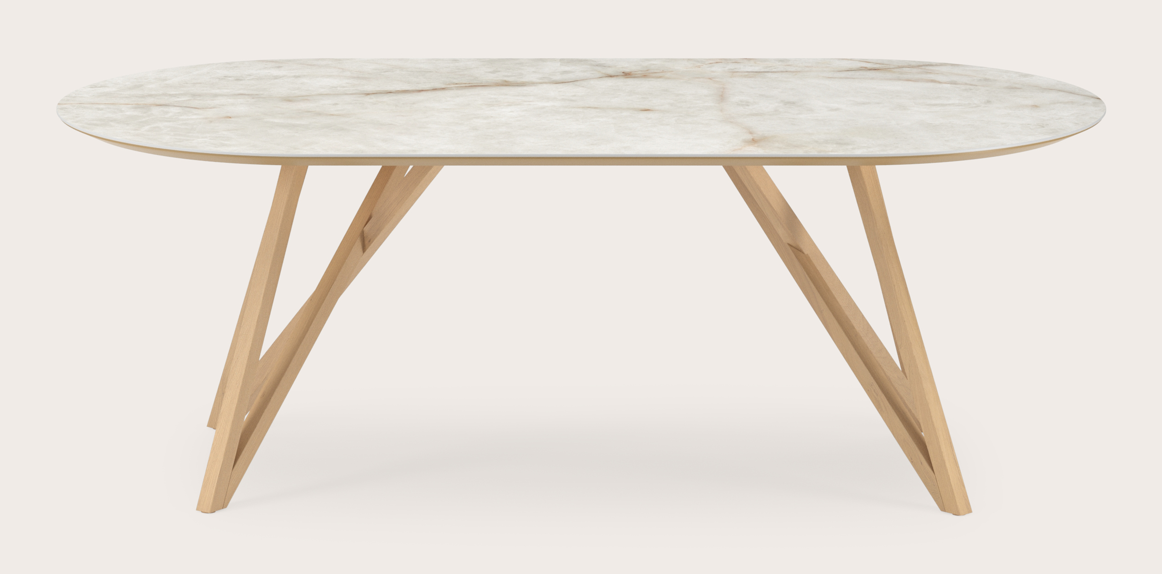 Table de salle à manger Ragno armature en chêne couleur naturelle avec plateau Ceramo ovale plat en céramique en couleur Himalaya 220 x 110 x 77 cm