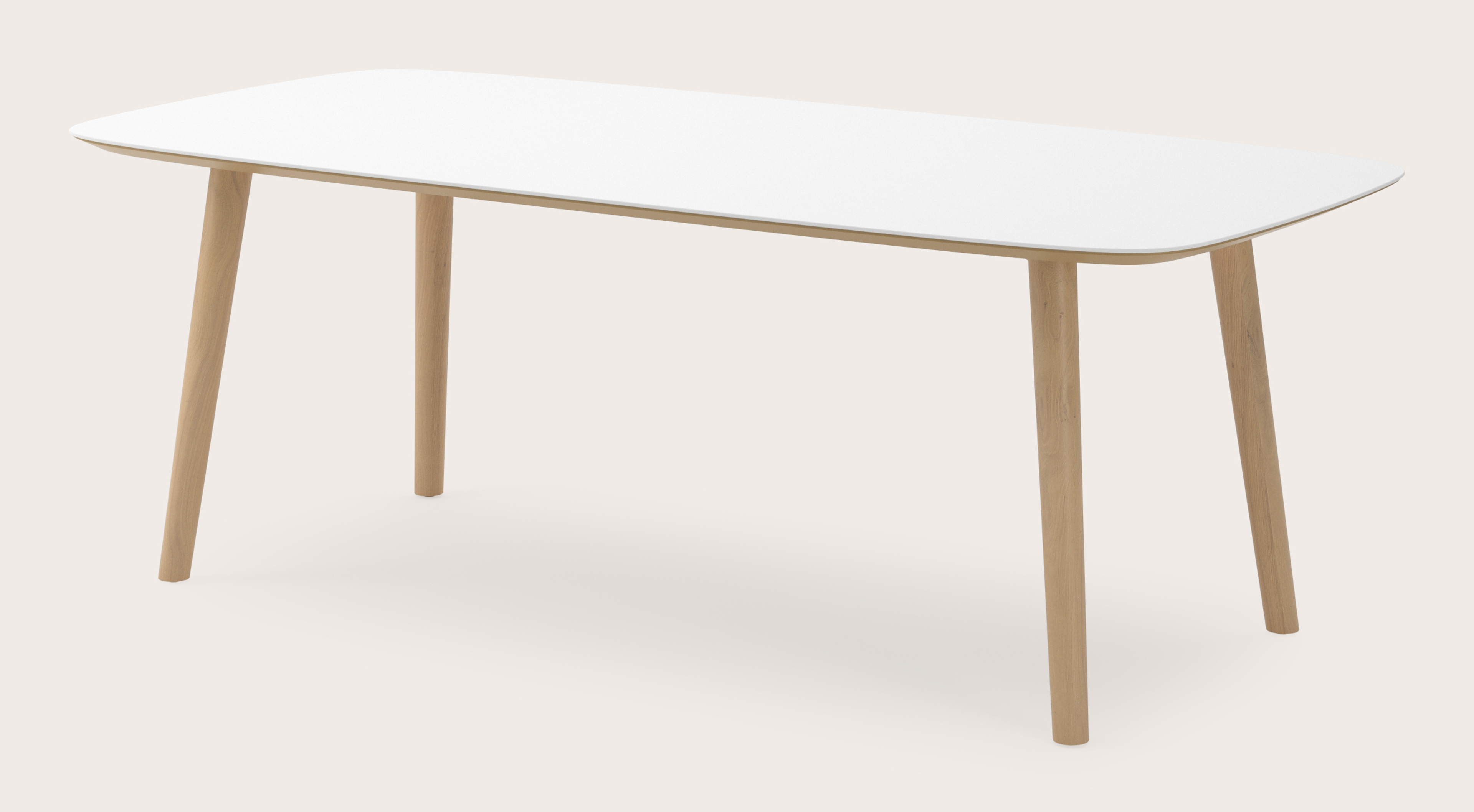 Eettafel Conico onderstel in natuurkleurige eik met bootvormig volkeramisch Ceramo blad in kleur Arctic White 220 x 105 x 77 cm
