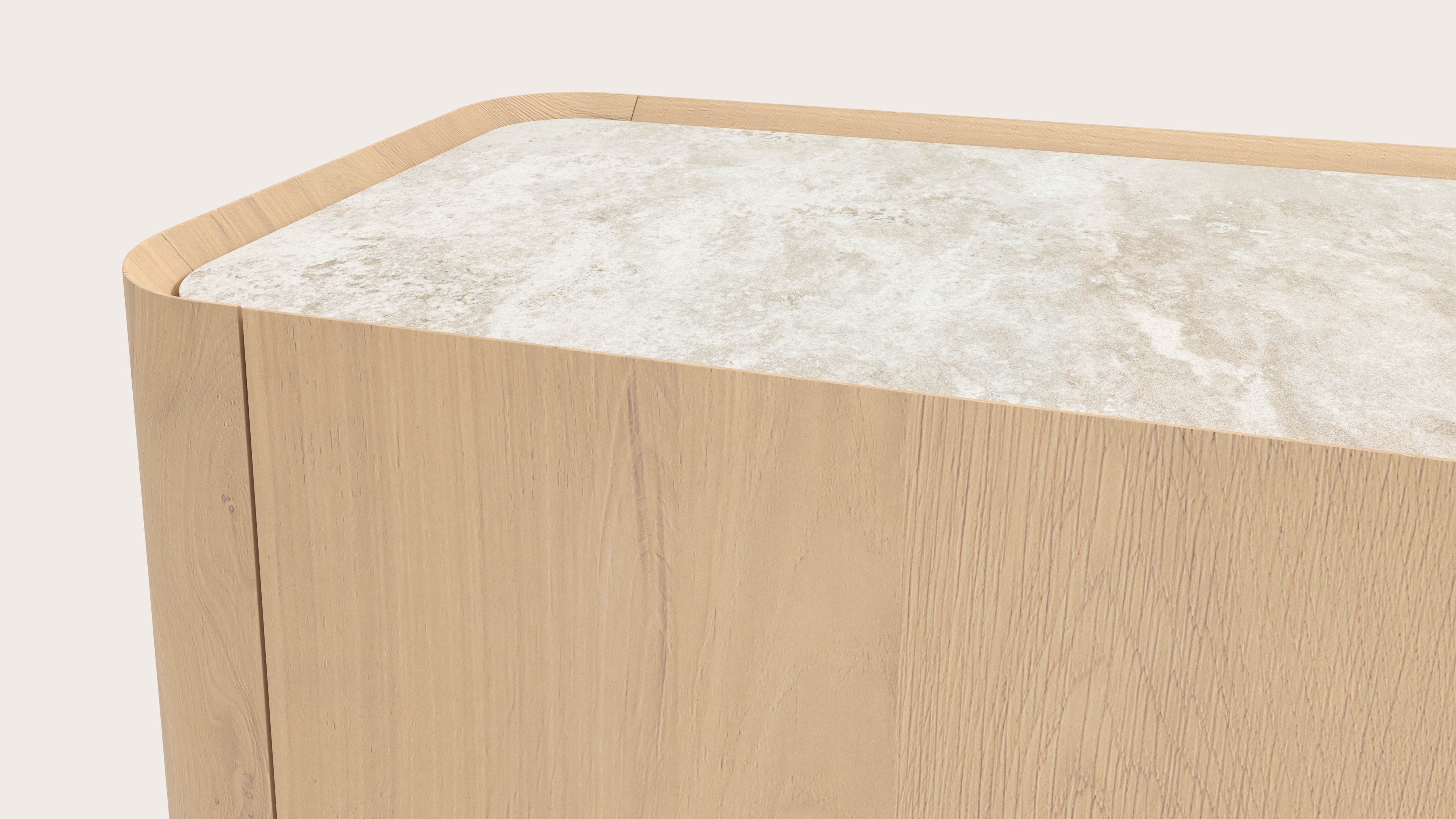 Buffet Curvato en chêne couleur naturelle avec pieds ronds en bois avec plateau Ceramo en céramique en couleur Rapolano 269 x 45 x 76 cm