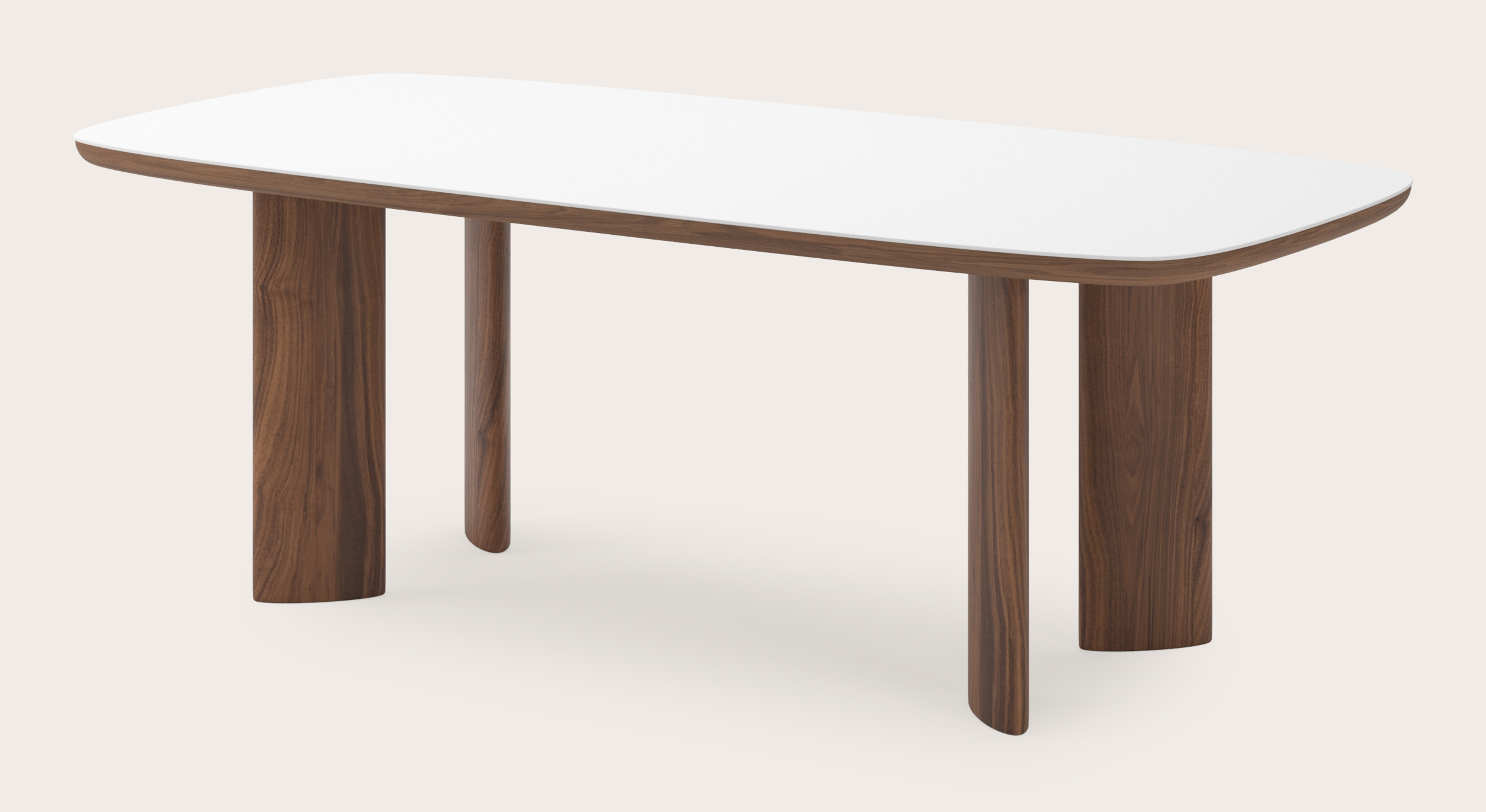 Eettafel Amato Ellipso onderstel in walnoot met bootvormig volkeramisch Ceramo blad in kleur Arctic White 220 x 105 x 76 cm