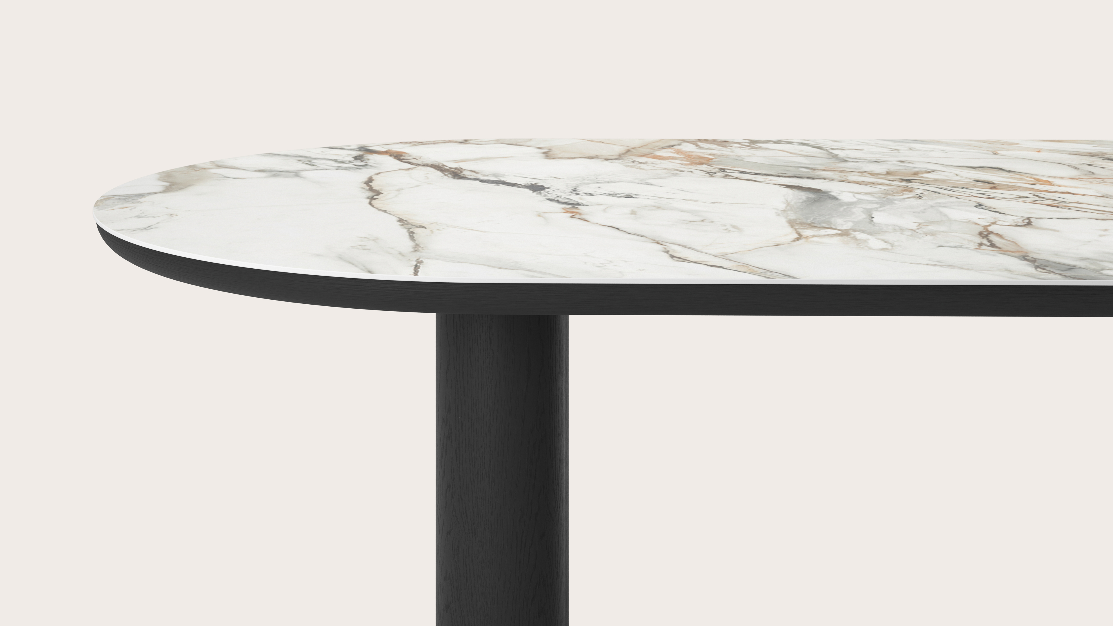 Eettafel Amato Rondo onderstel in zwarte eik met plat ovaal volkeramisch Ceramo blad in kleur Calacatta Luxe 300 x 120 x 76 cm