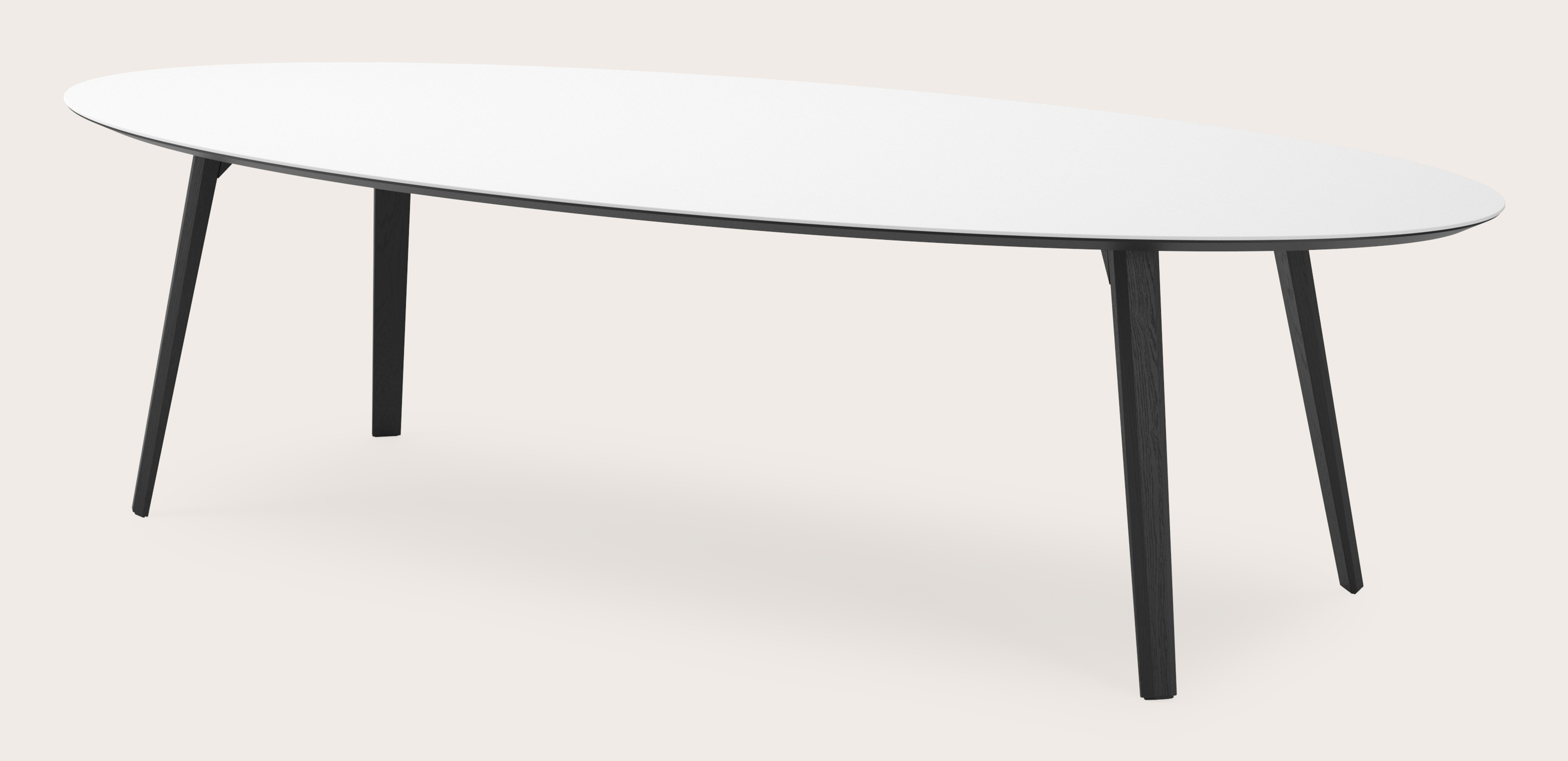 Eettafel Clino onderstel in zwarte eik met ovaal volkeramisch Ceramo blad in kleur Arctic White300 x 140 x 77 cm