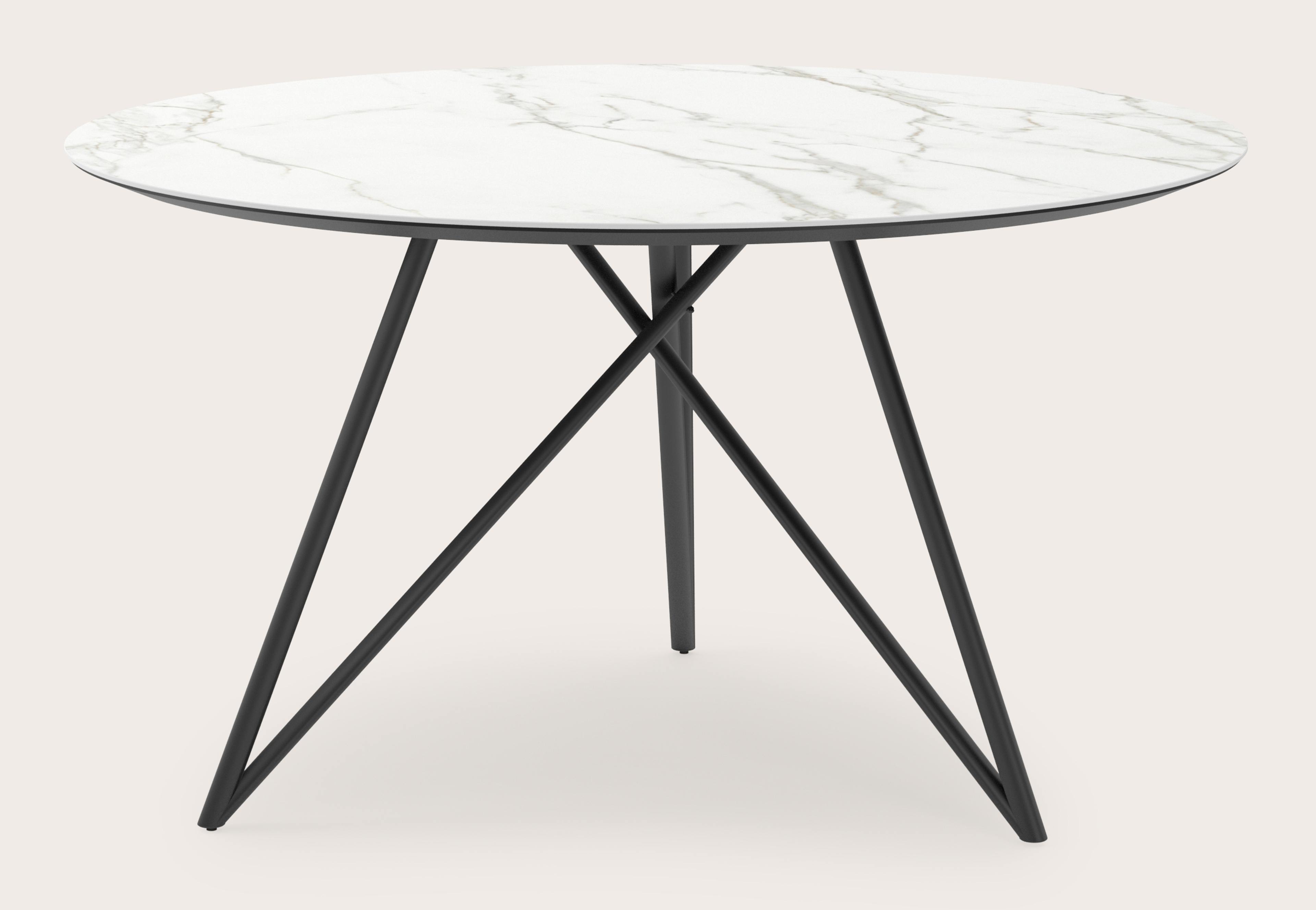 Eettafel Ragno onderstel in zwart metaal met rond volkeramisch Ceramo blad in kleur Calacatta Ø140 x 77 cm