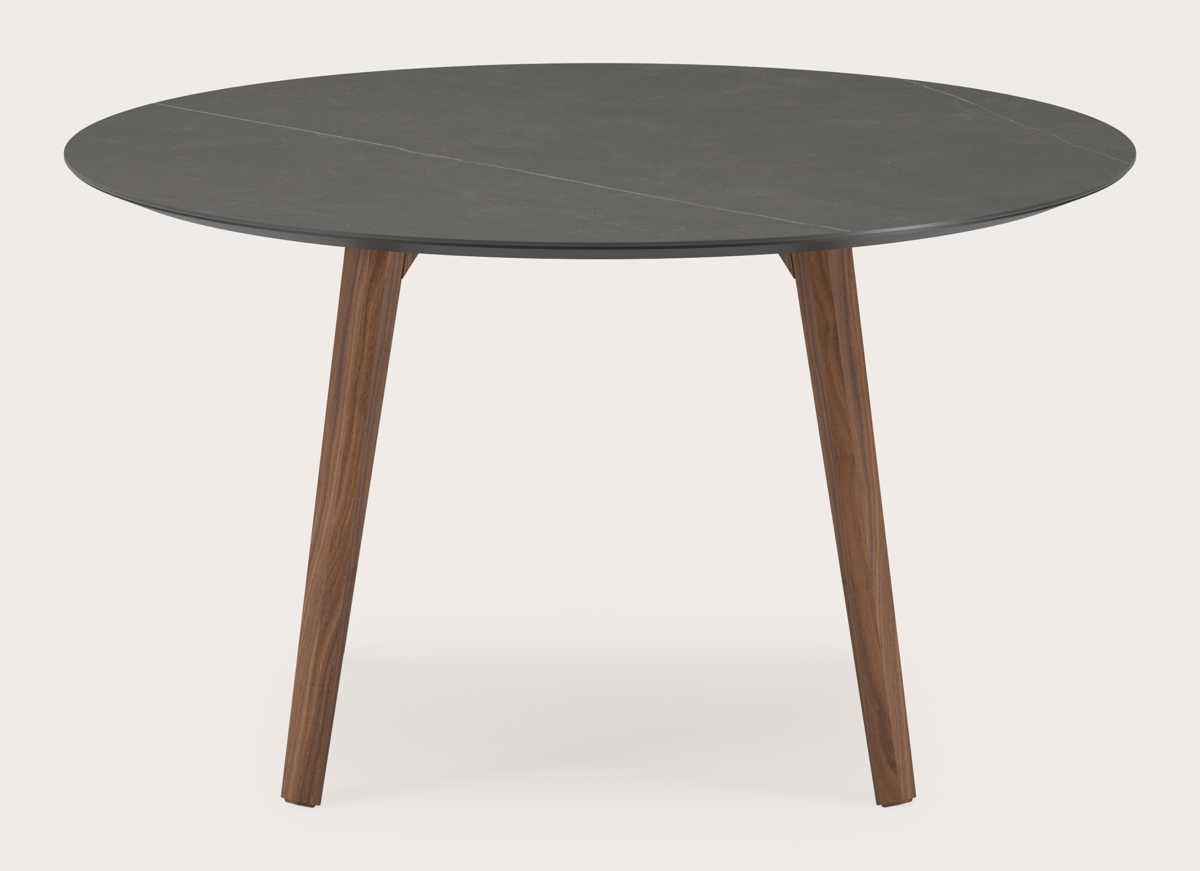 Eettafel Clino onderstel in walnoot met rond volkeramisch Ceramo blad in kleur Calatorao Ø140 x 77 cm