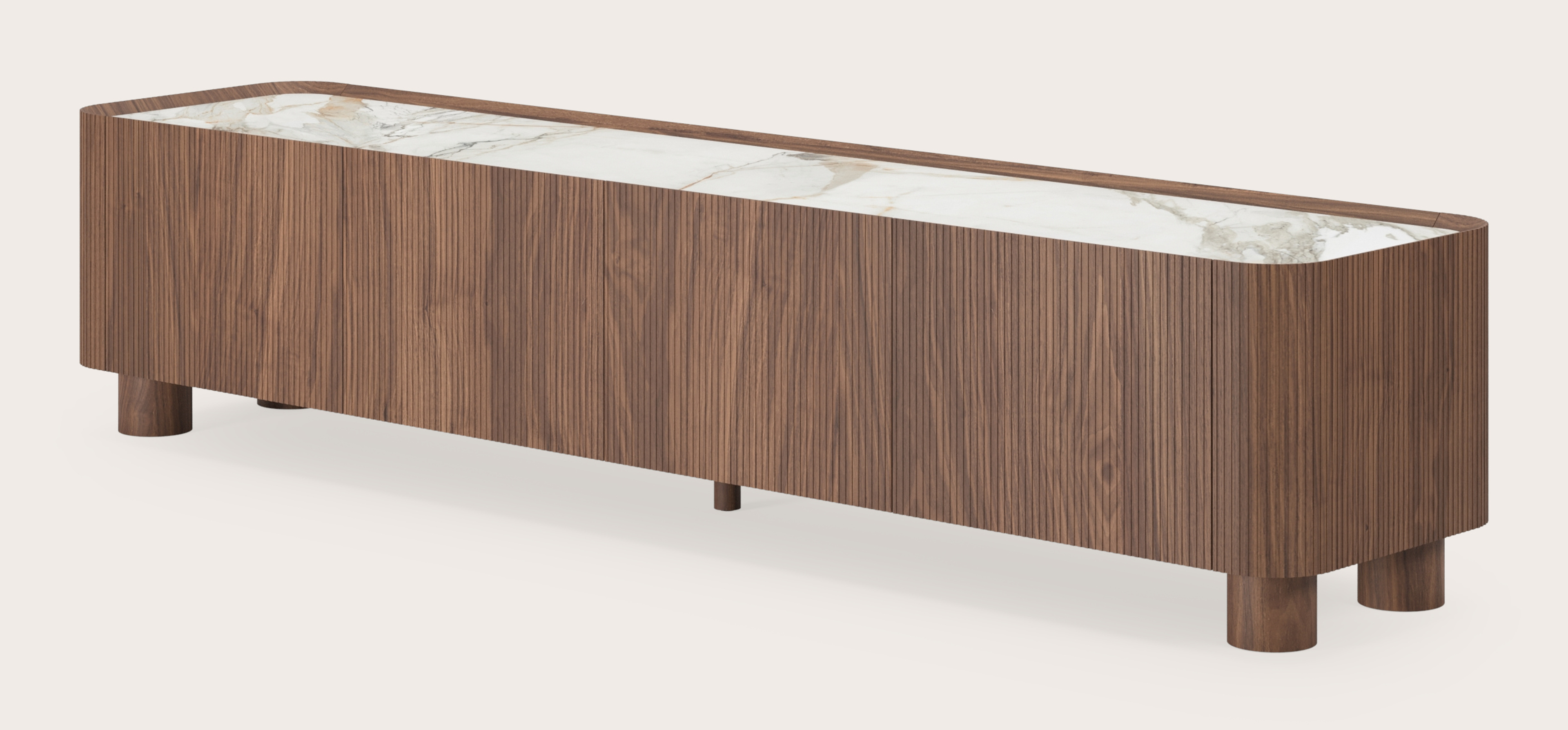 Meuble tv Grivato en noyer avec pieds ronds en bois avec plateau Ceramo en céramique en couleur Calacatta Luxe 203 x 45 x 44 cm