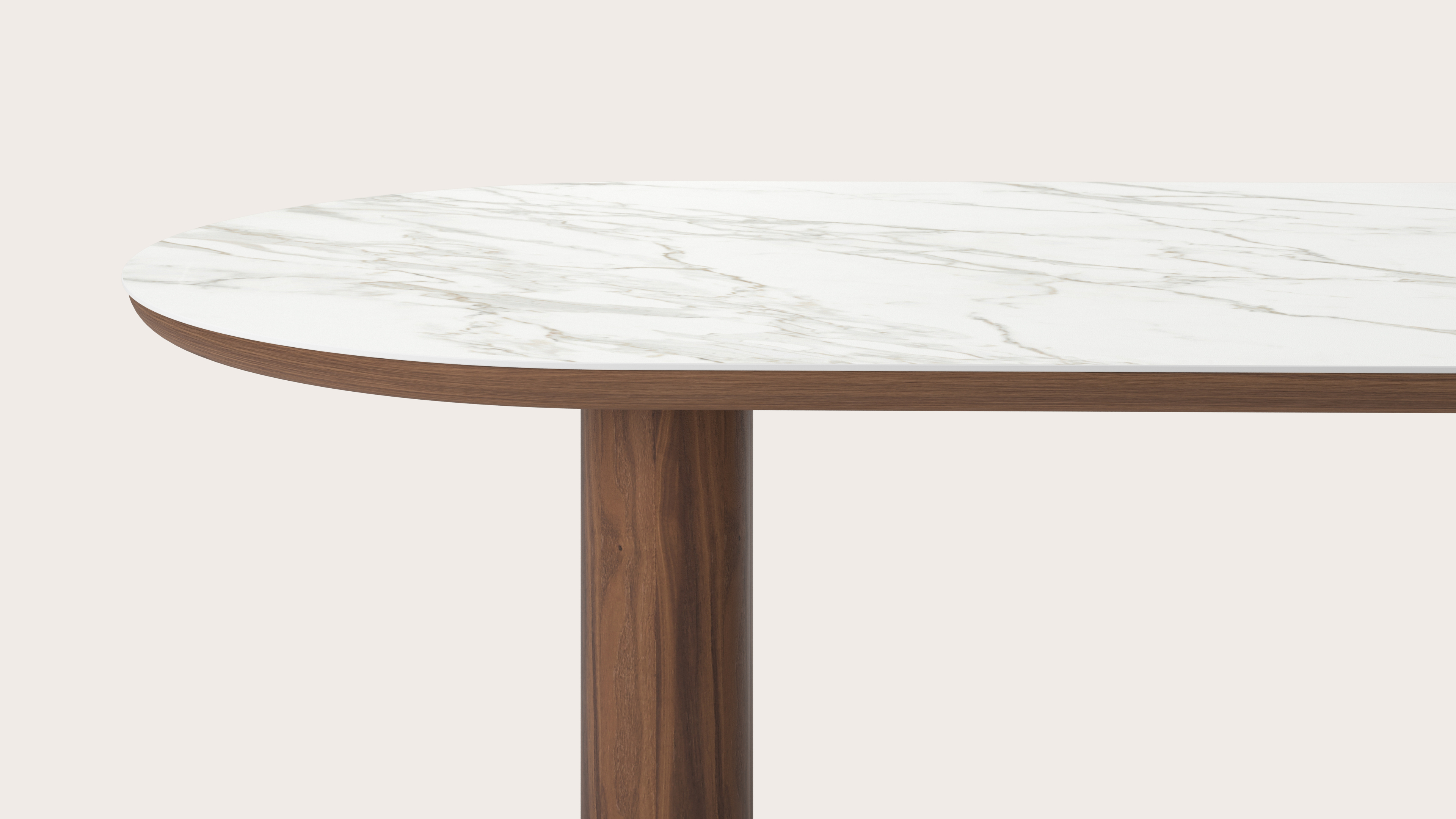 Eettafel Amato Rondo onderstel in walnoot met plat ovaal volkeramisch Ceramo blad in kleur Calacatta 260 x 115 x 76 cm