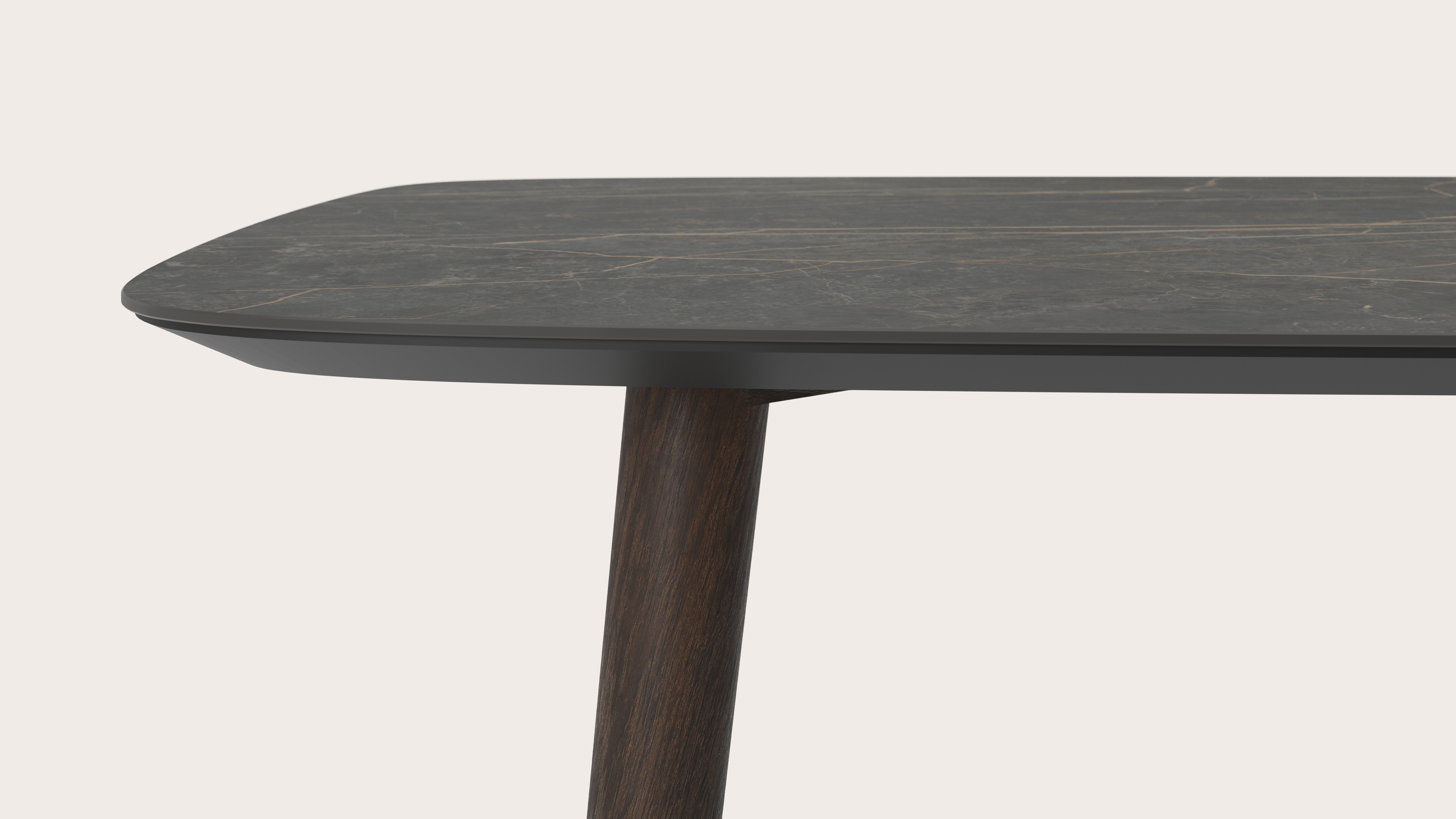 Table de salle à manger Conico armature en chêne fumé avec plateau Ceramo forme arrondie en céramique en couleur Black Obsession 200 x 105 x 77 cm