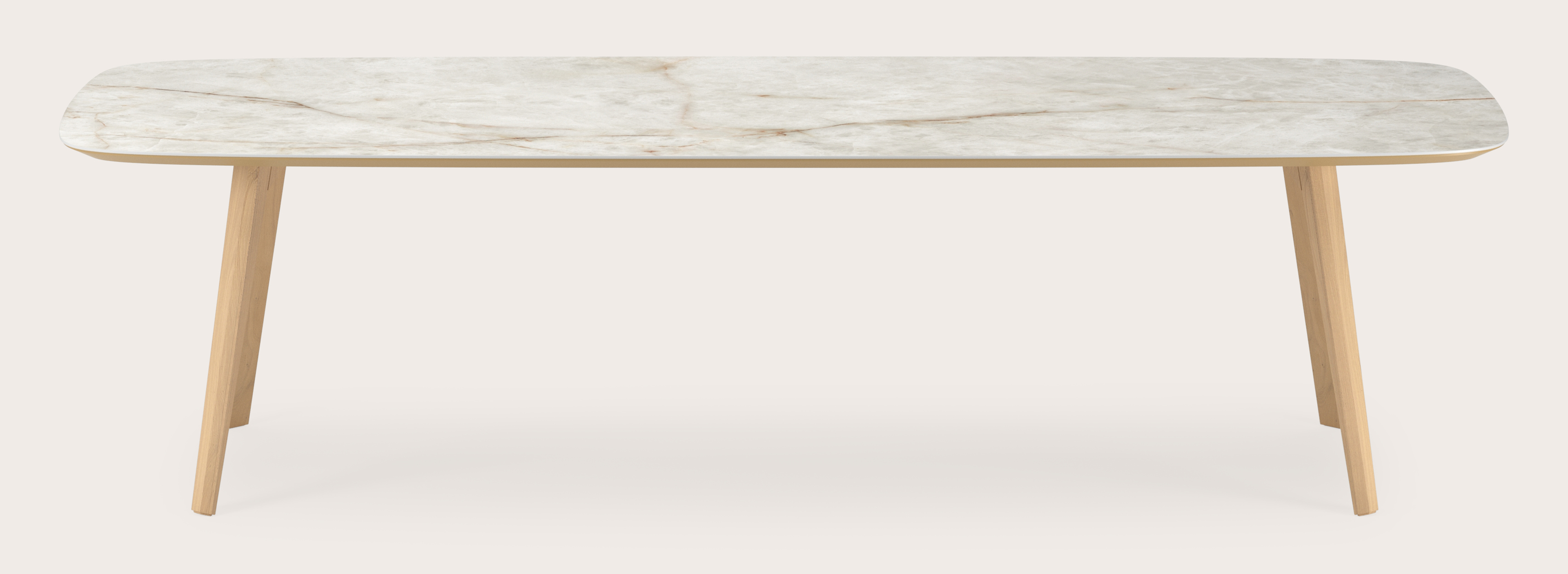 Eettafel Clino onderstel in natuurkleurige eik met bootvormig volkeramisch Ceramo blad in kleur Himalaya 300 x 115 x 77 cm