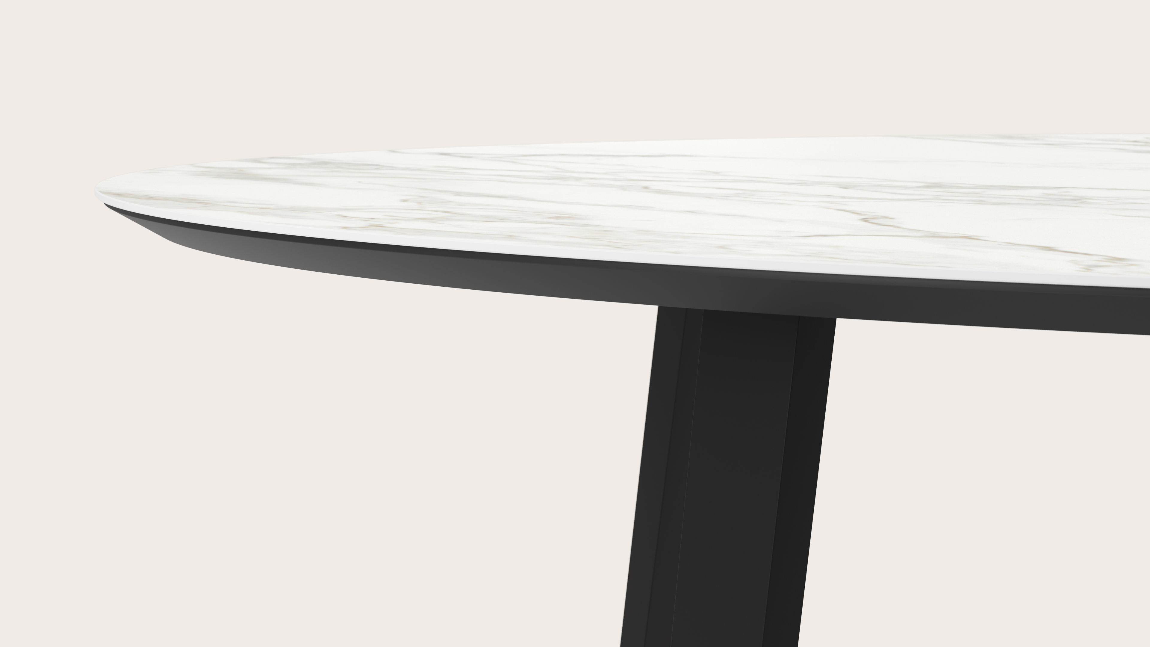 Eettafel Clino onderstel in zwart metaal met ovaal volkeramisch Ceramo blad in kleur Calacatta 260 x 130 x 77 cm