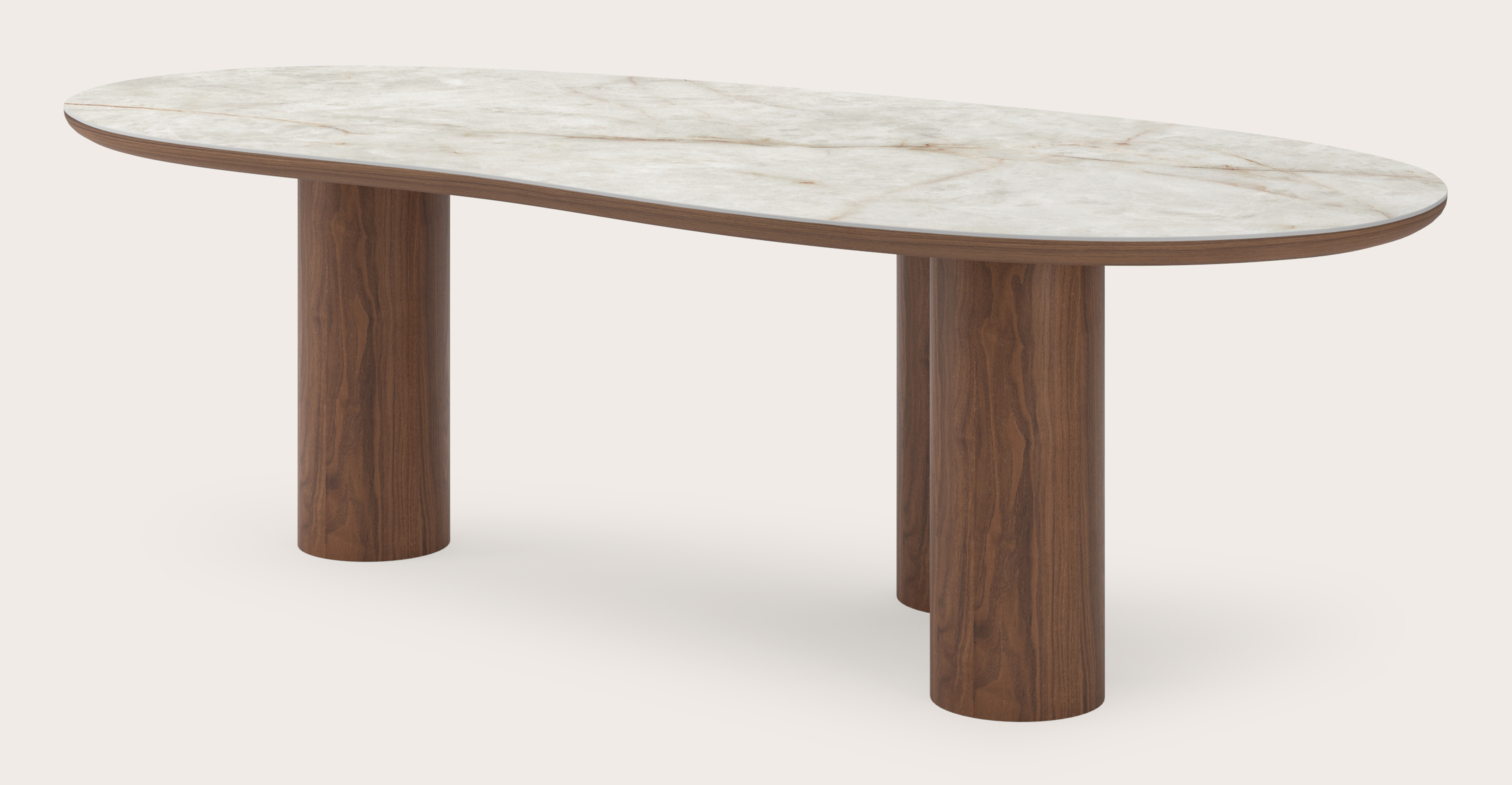 Table de salle à manger Amato Rondo armature en noyer avec plateau Ceramo forme blob en céramique en couleur Himalaya 260 x 117 x 77 cm