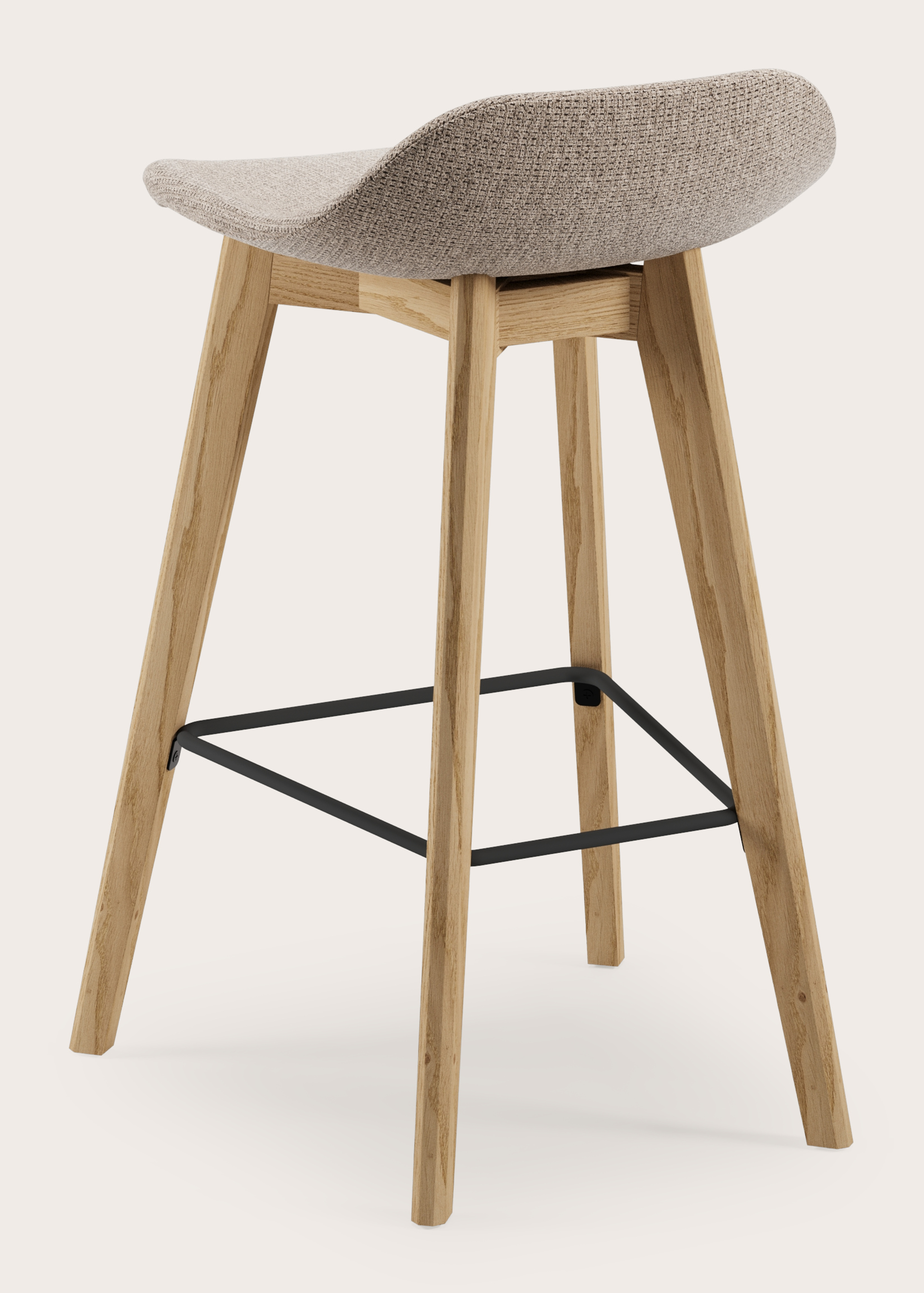Vasco lage barstoel in natuurkleurige eik met zitting in Fuga stof Taupe