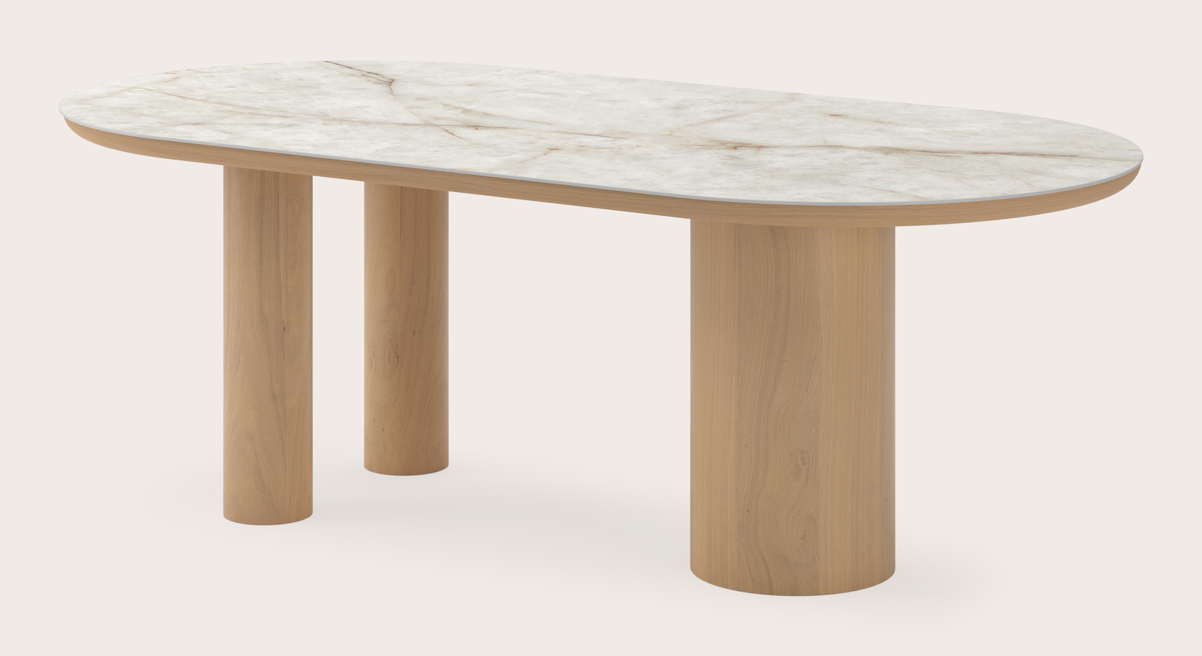 Table de salle à manger Amato Rondo armature en chêne couleur naturelleavec plateau Ceramo ovale plat en céramique en couleur Himalaya 220 x 110 x 76 cm