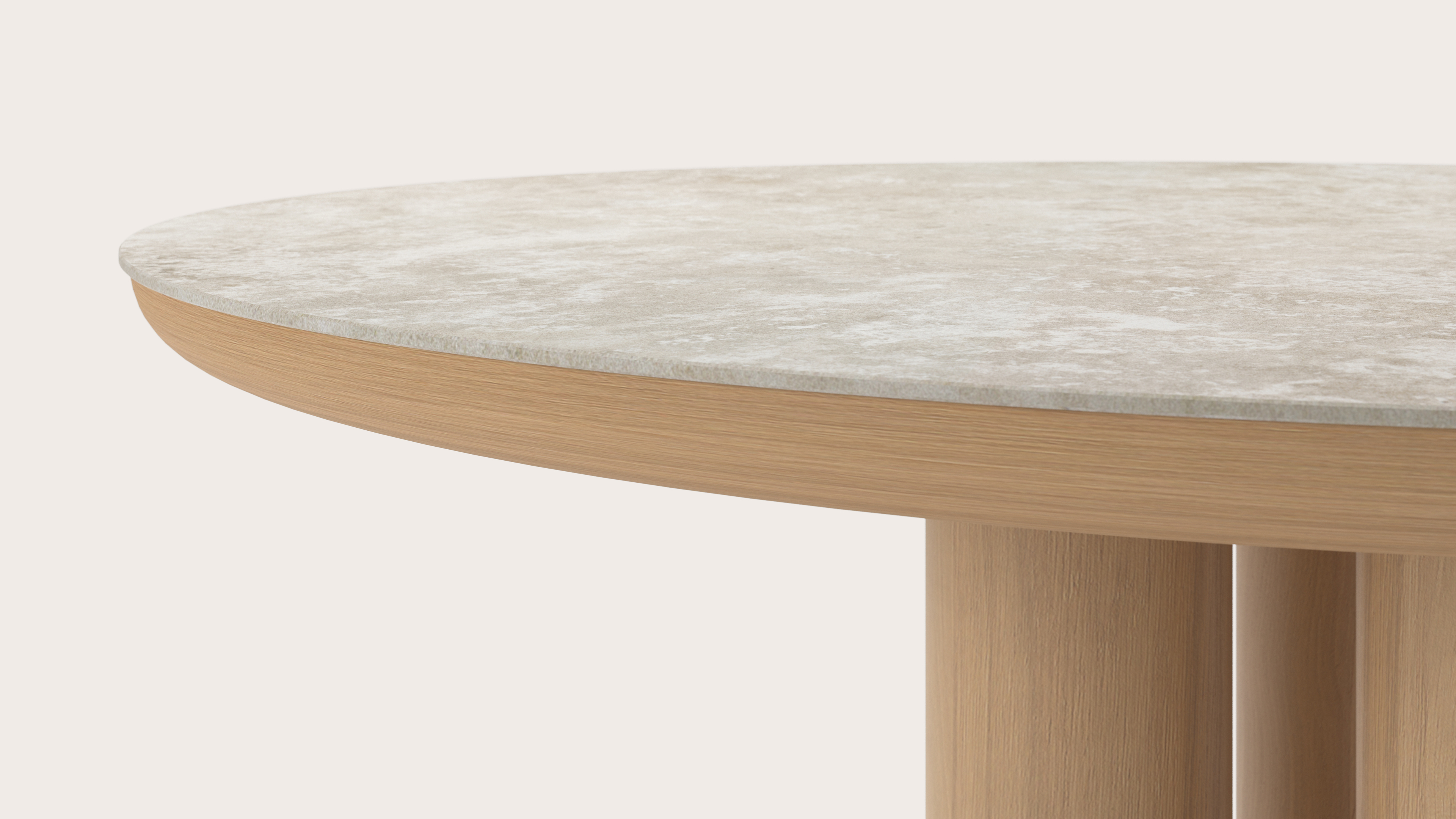 Table de salle à manger Amato Rondo armature en chêne couleur naturelleavec plateau Ceramo rond en céramique en couleur Rapolano Ø130 x 76 cm