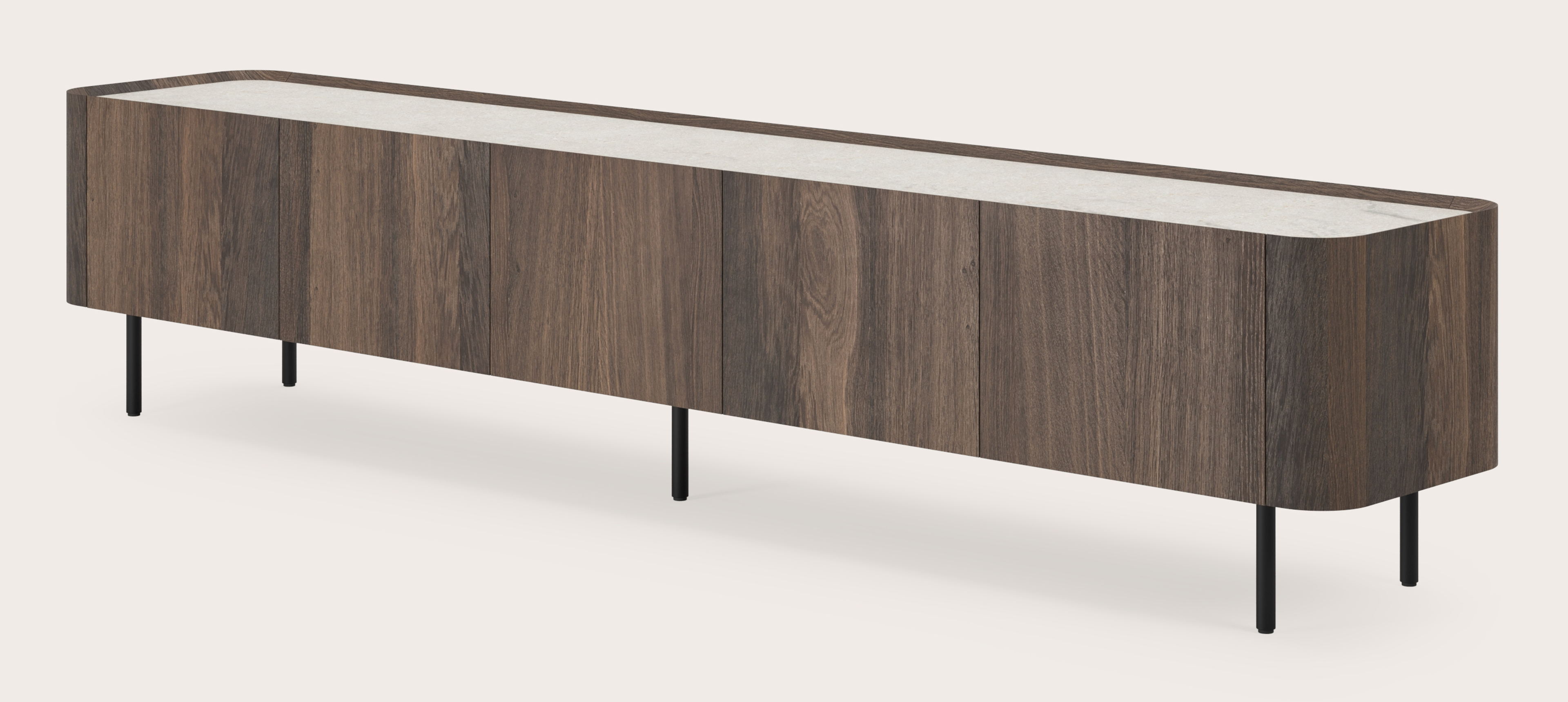 Meuble tv Curvato en chêne fumé avec pieds ronds en métal avec plateau Ceramo en céramique en couleur Shilin 249 x 45 x 52 cm