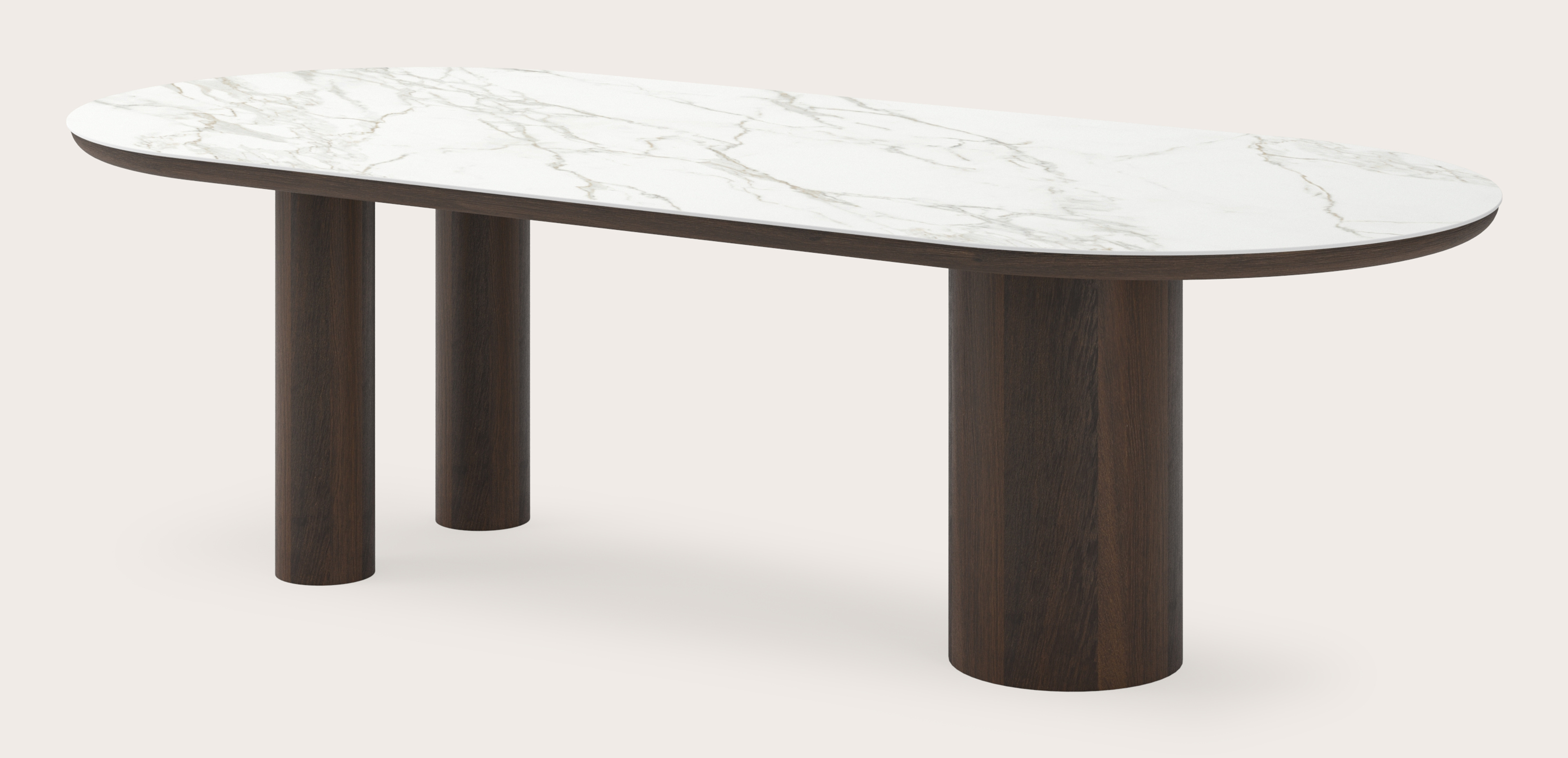 Table de salle à manger Amato Rondo armature en chêne fumé avec plateau Ceramo ovale plat en céramique en couleur Calacatta 260 x 115 x 76 cm